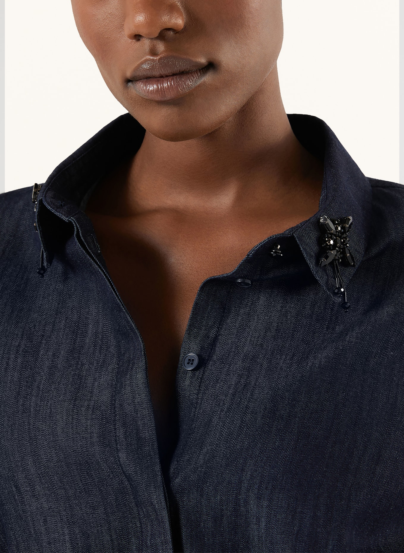 MARINA RINALDI RIGA shirt dress in denim look with decorative pearls: DARK BLUE