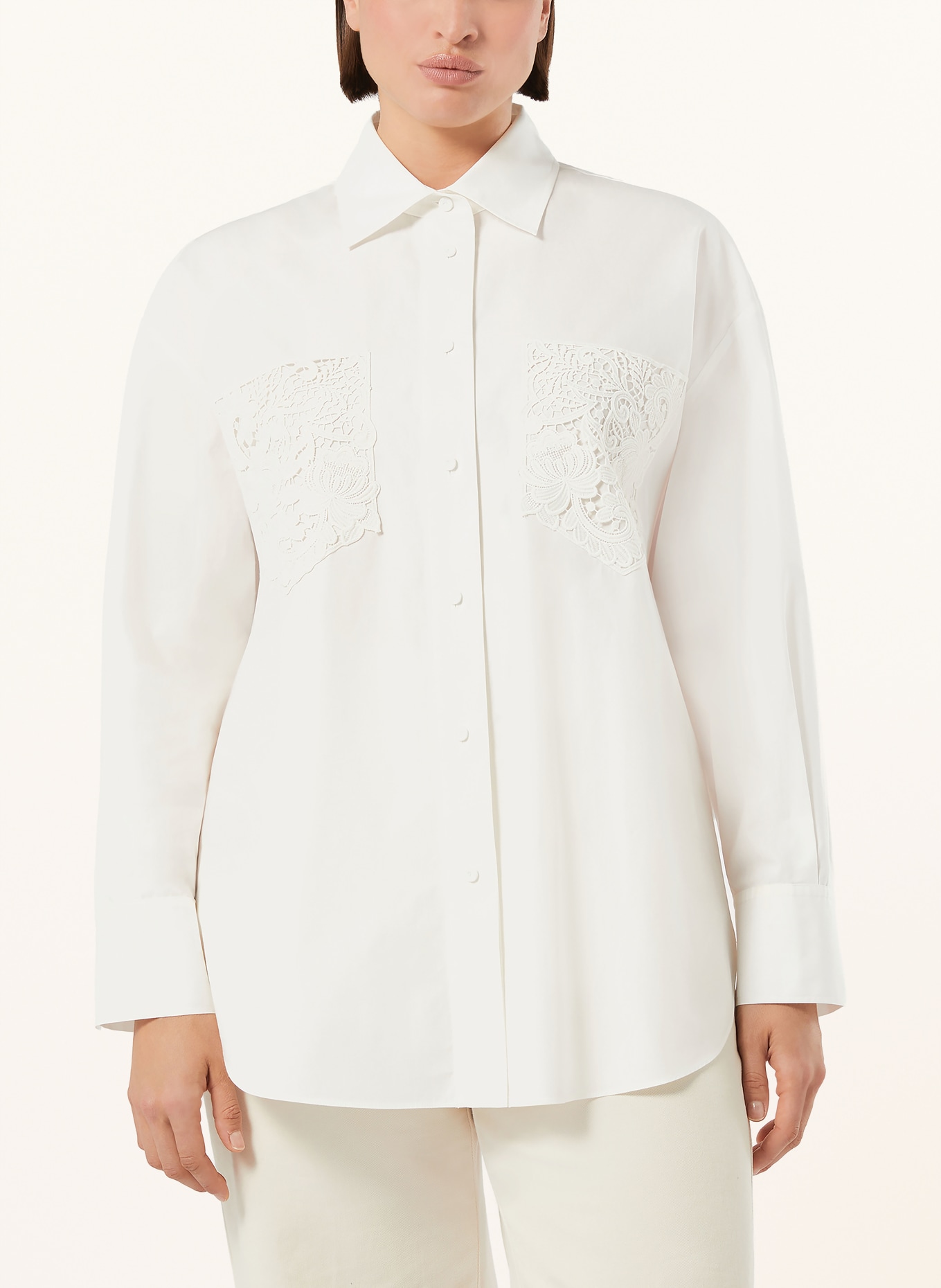 MARINA RINALDI Chemisier avec dentelle et pierres précieuses: BLANC