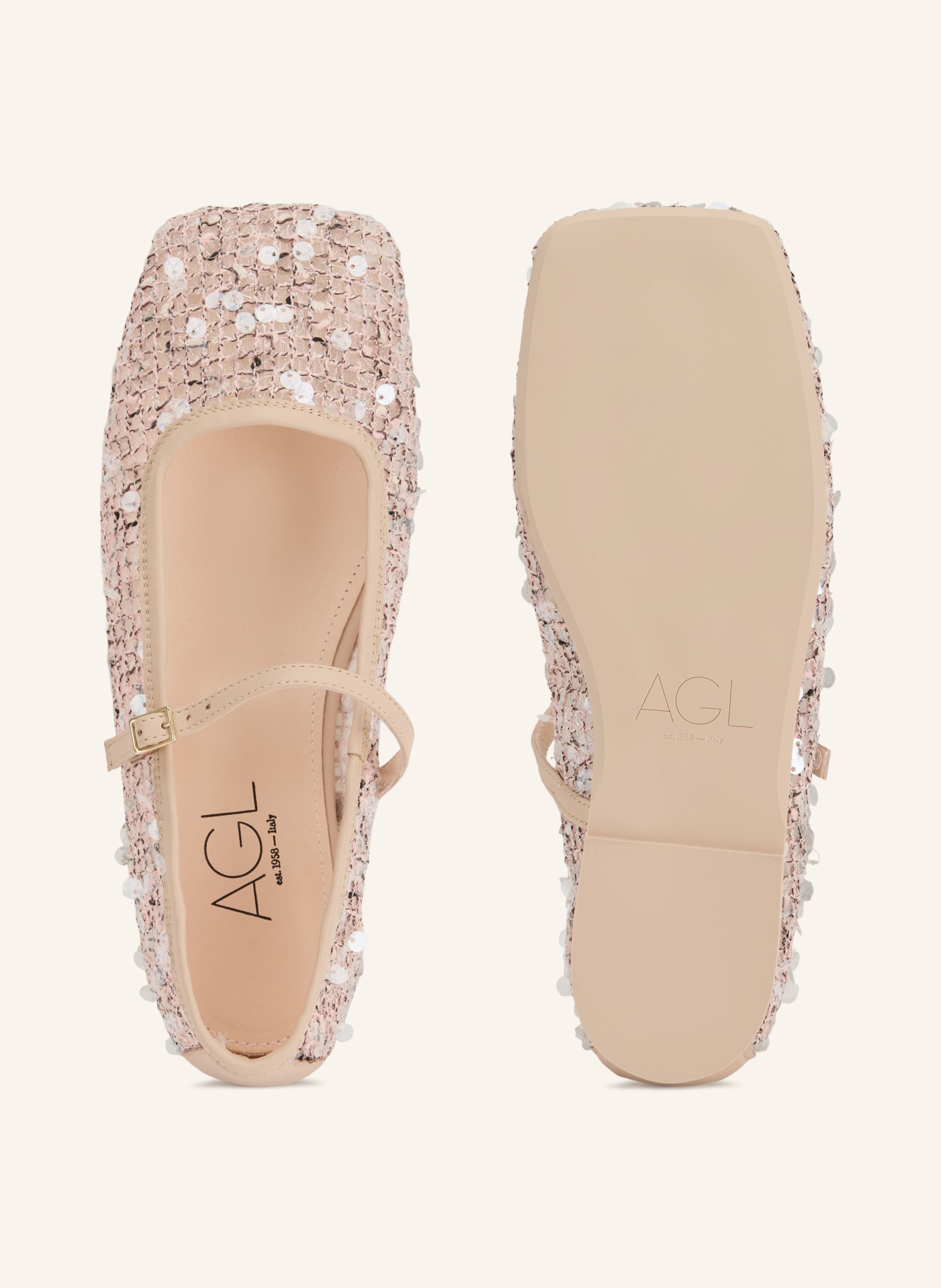 AGL Mary-Jane-Ballerinas CERAMIC MARY JANE mit Pailletten: BEIGE / GOLD / HELLROSA