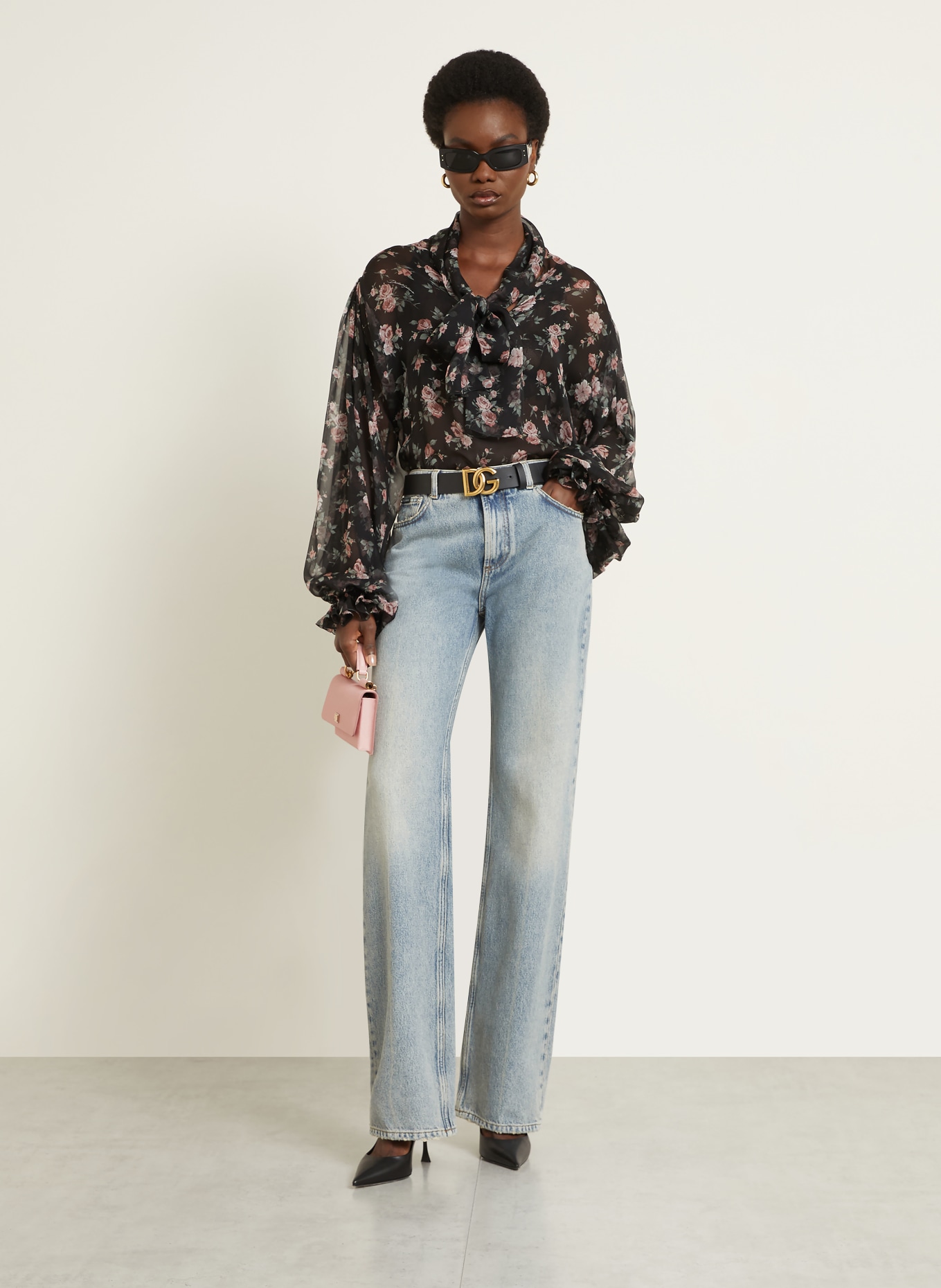 DOLCE & GABBANA Silk bow blouse: BLACK / ROSE / GREEN