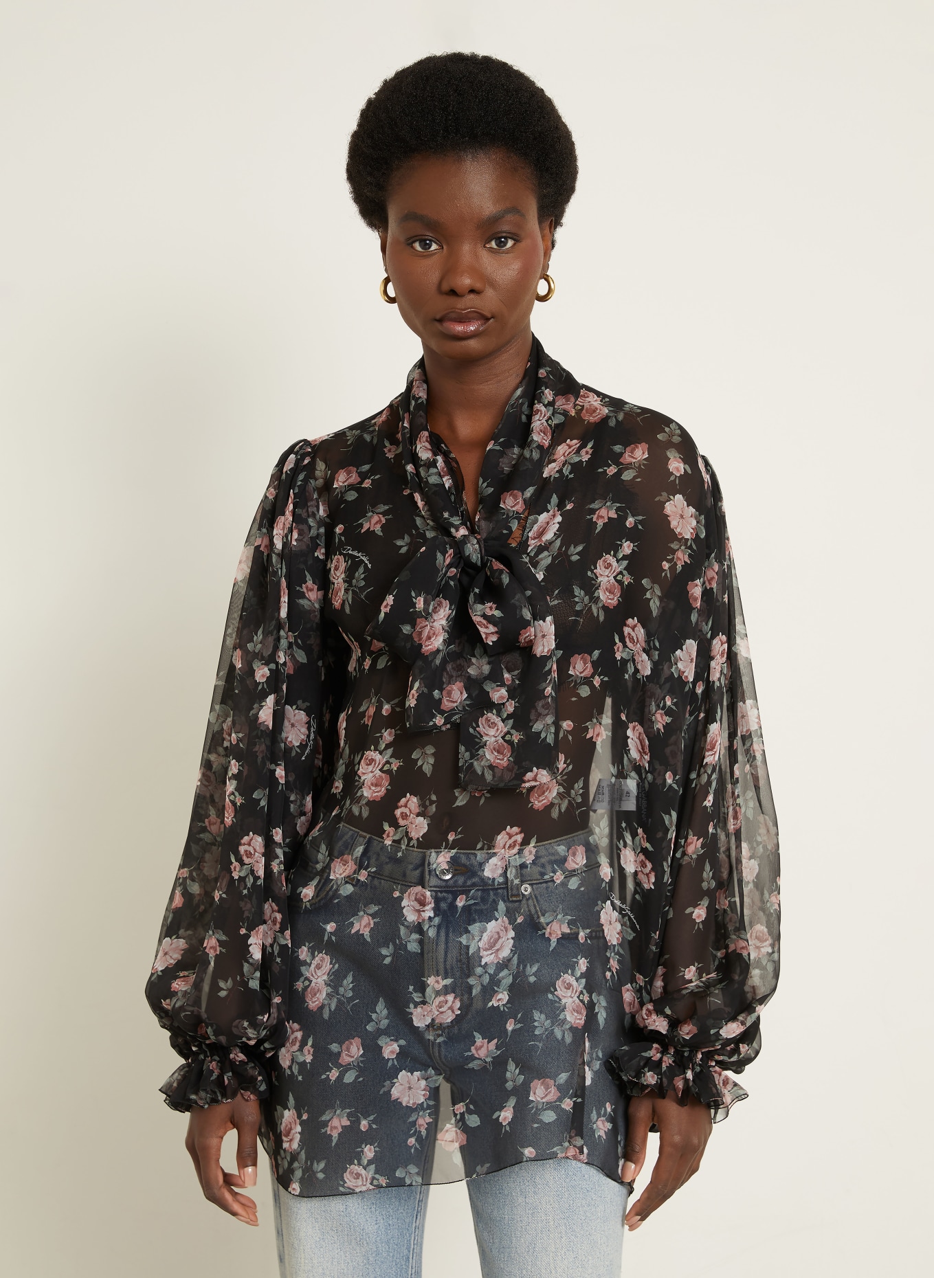 DOLCE & GABBANA Silk bow blouse: BLACK / ROSE / GREEN