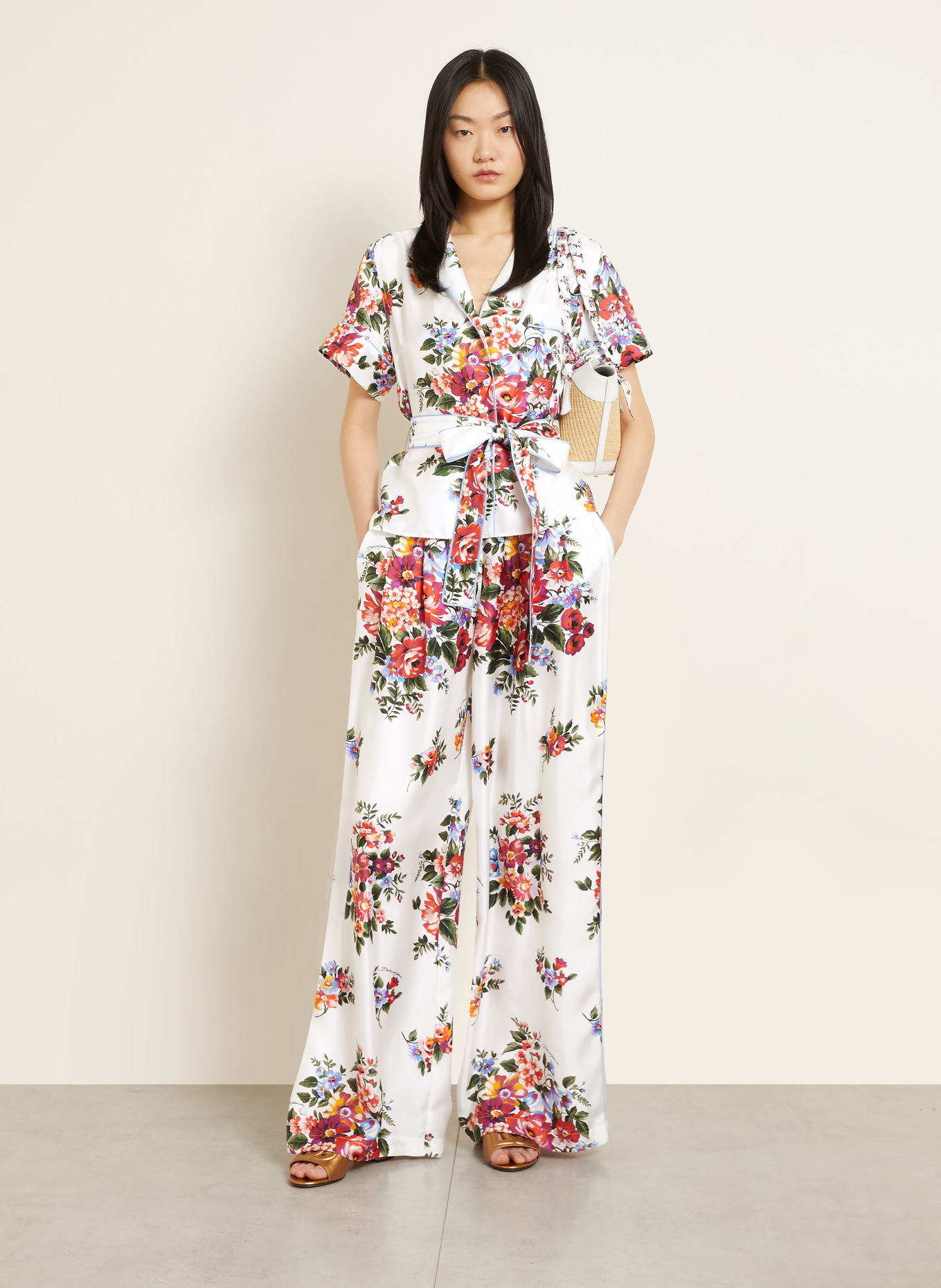 DOLCE & GABBANA Marlenehose aus Seide: WEISS / ROT / DUNKELGRÜN