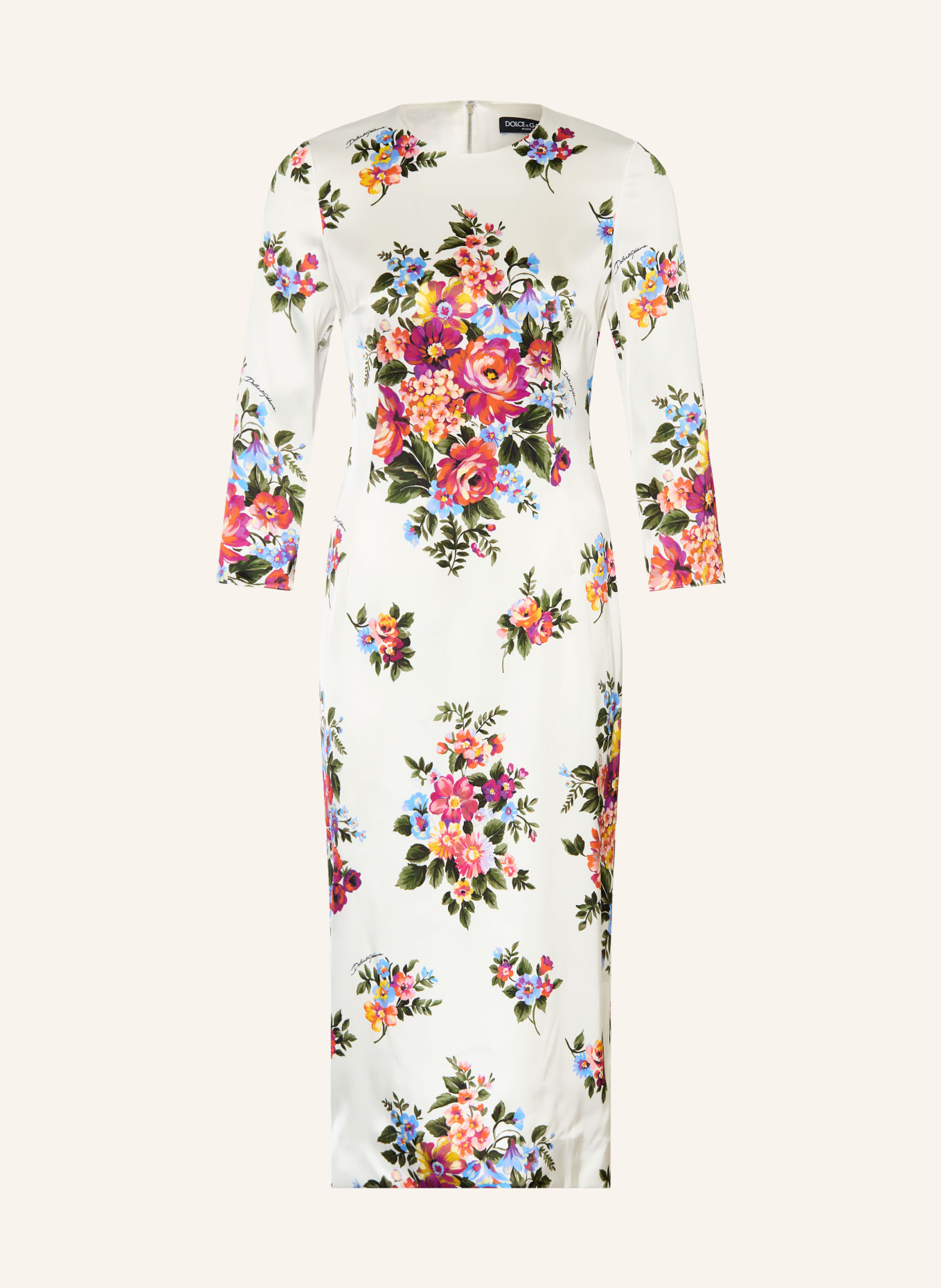 DOLCE & GABBANA Satijnen jurk met 3/4-mouwen: WIT / ROOD / DONKERGROEN