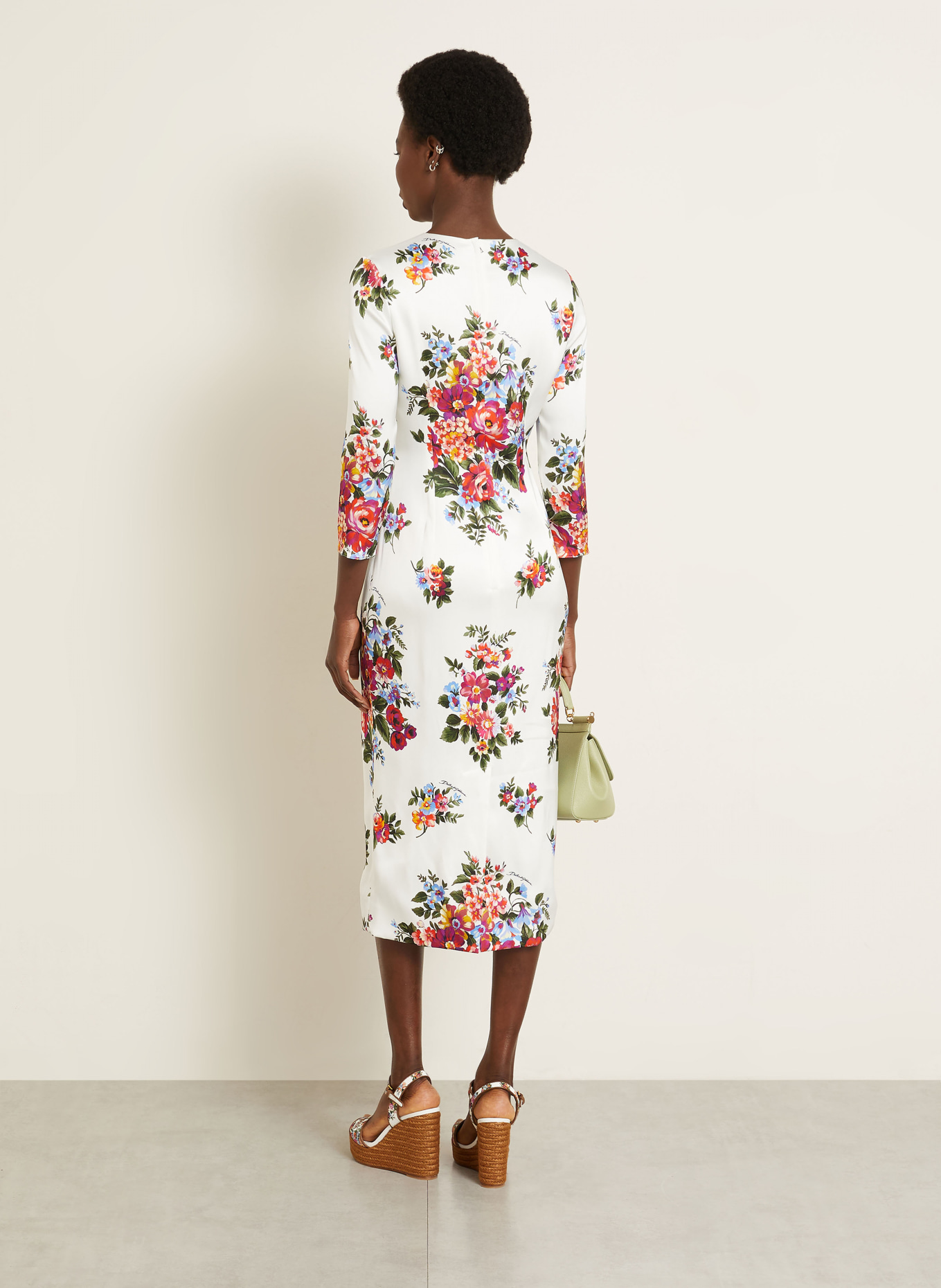 DOLCE & GABBANA Satijnen jurk met 3/4-mouwen: WIT / ROOD / DONKERGROEN