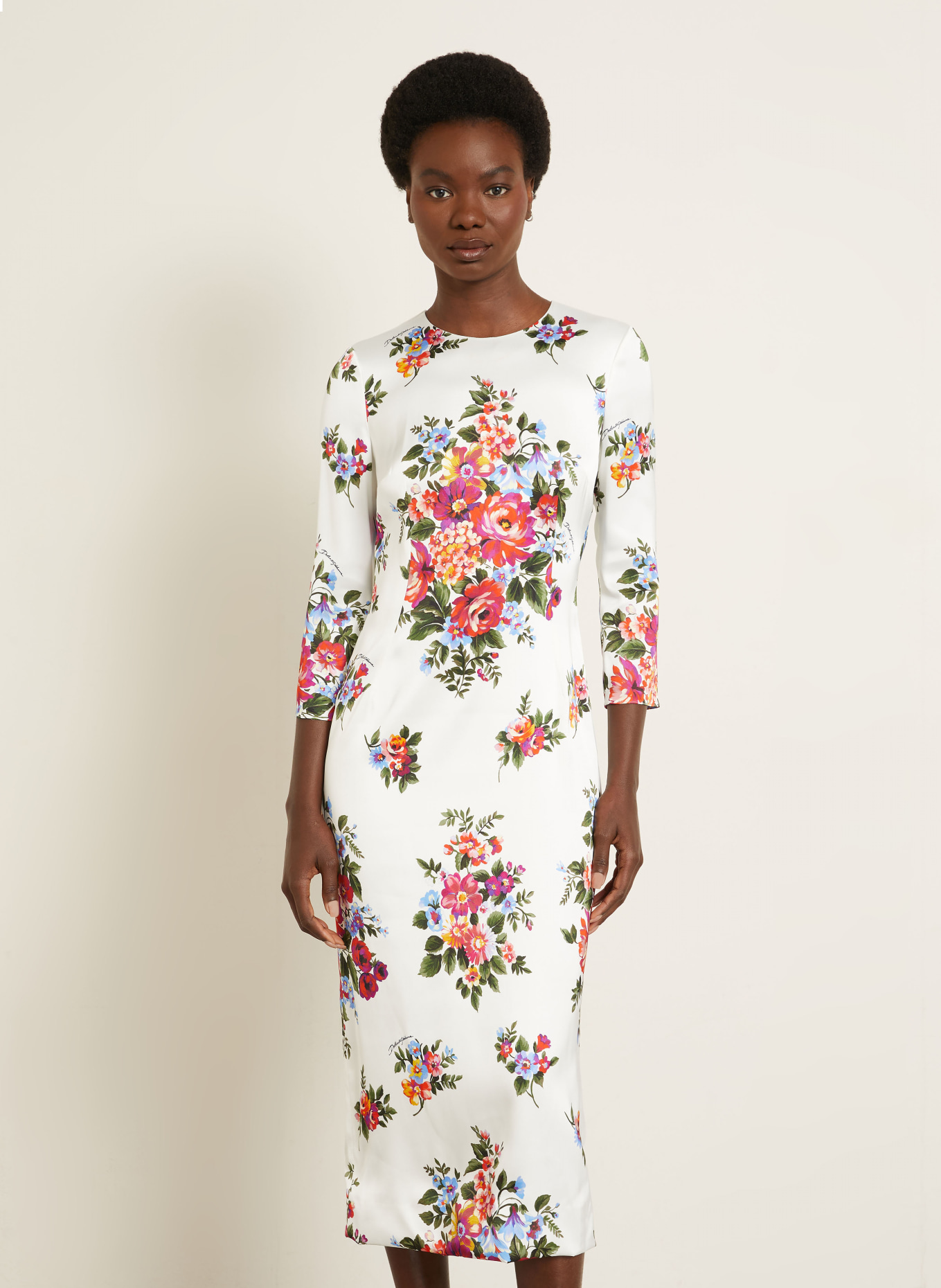 DOLCE & GABBANA Satijnen jurk met 3/4-mouwen: WIT / ROOD / DONKERGROEN