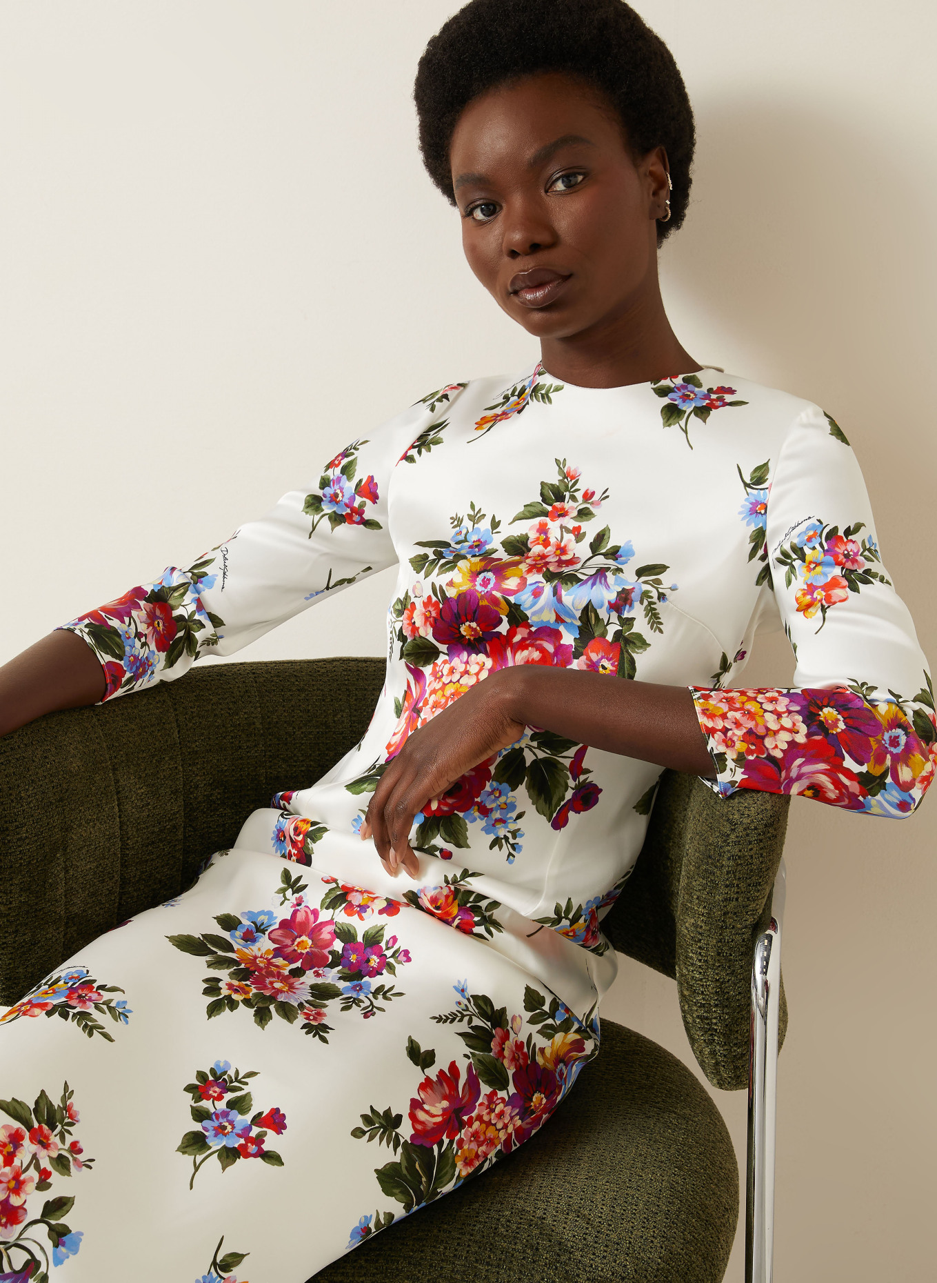 DOLCE & GABBANA Satijnen jurk met 3/4-mouwen: WIT / ROOD / DONKERGROEN