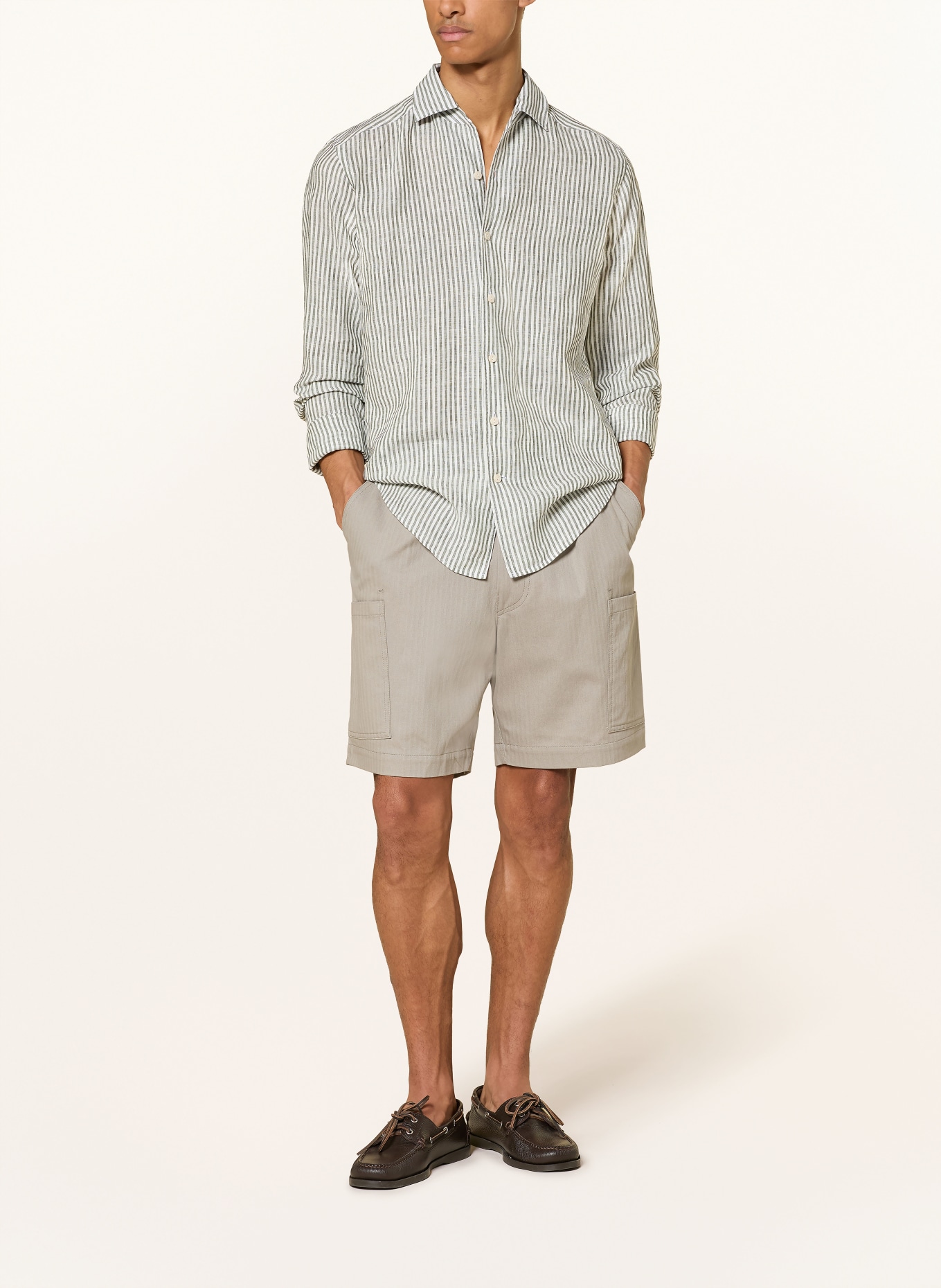 ETON Chemise en lin coupe classique: OLIVE / BLANC