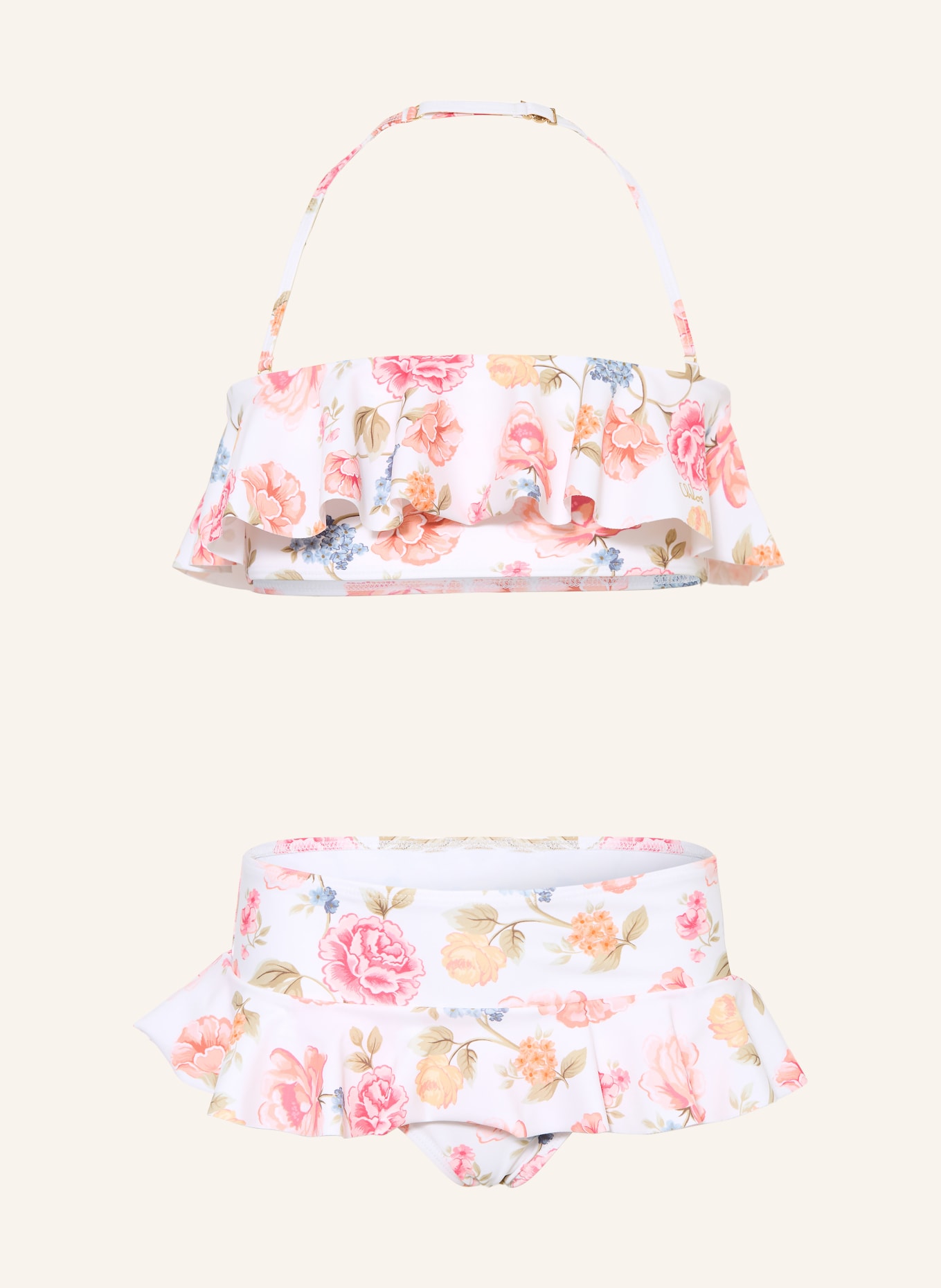 Chloé Bikini bandeau à volants: ÉCRU / ROSE FUCHSIA / ROUGE CLAIR