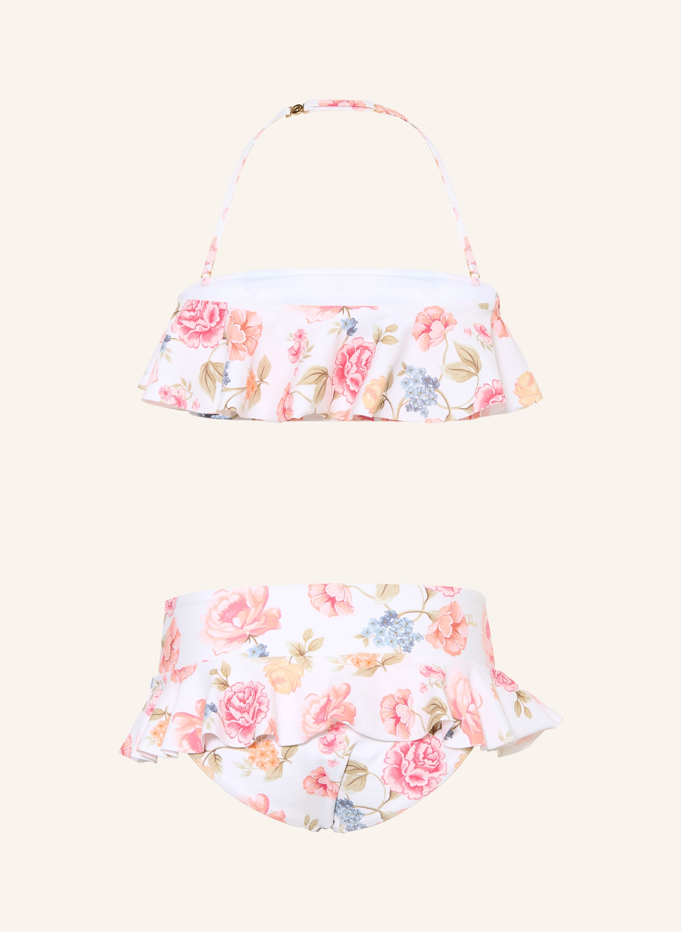 Chloé Bikini bandeau à volants: ÉCRU / ROSE FUCHSIA / ROUGE CLAIR