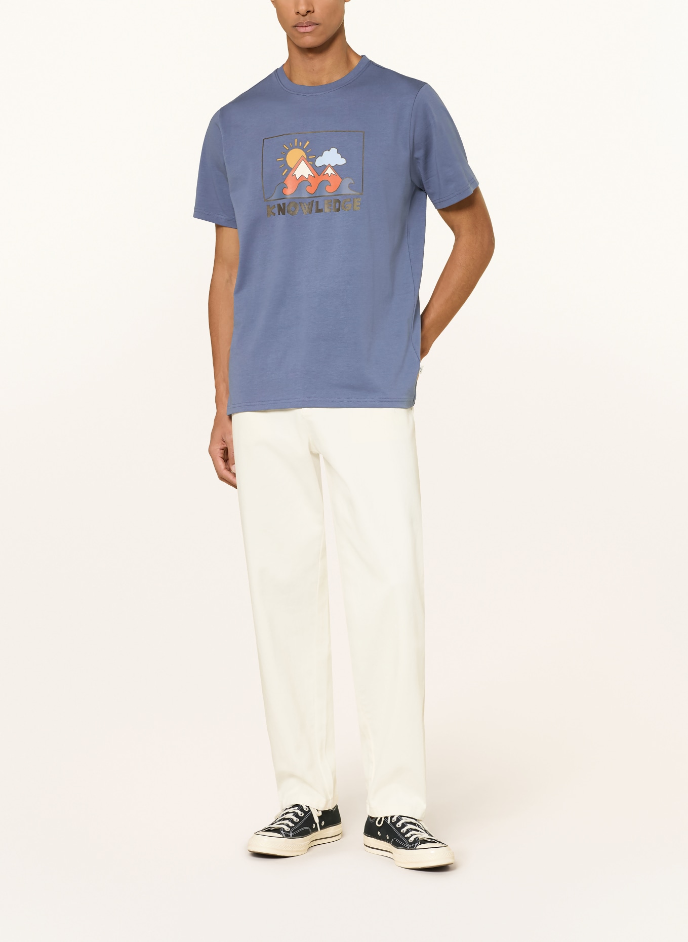 KnowledgeCotton Apparel T-shirt: BLAUW / COGNAC / DONKERGEEL