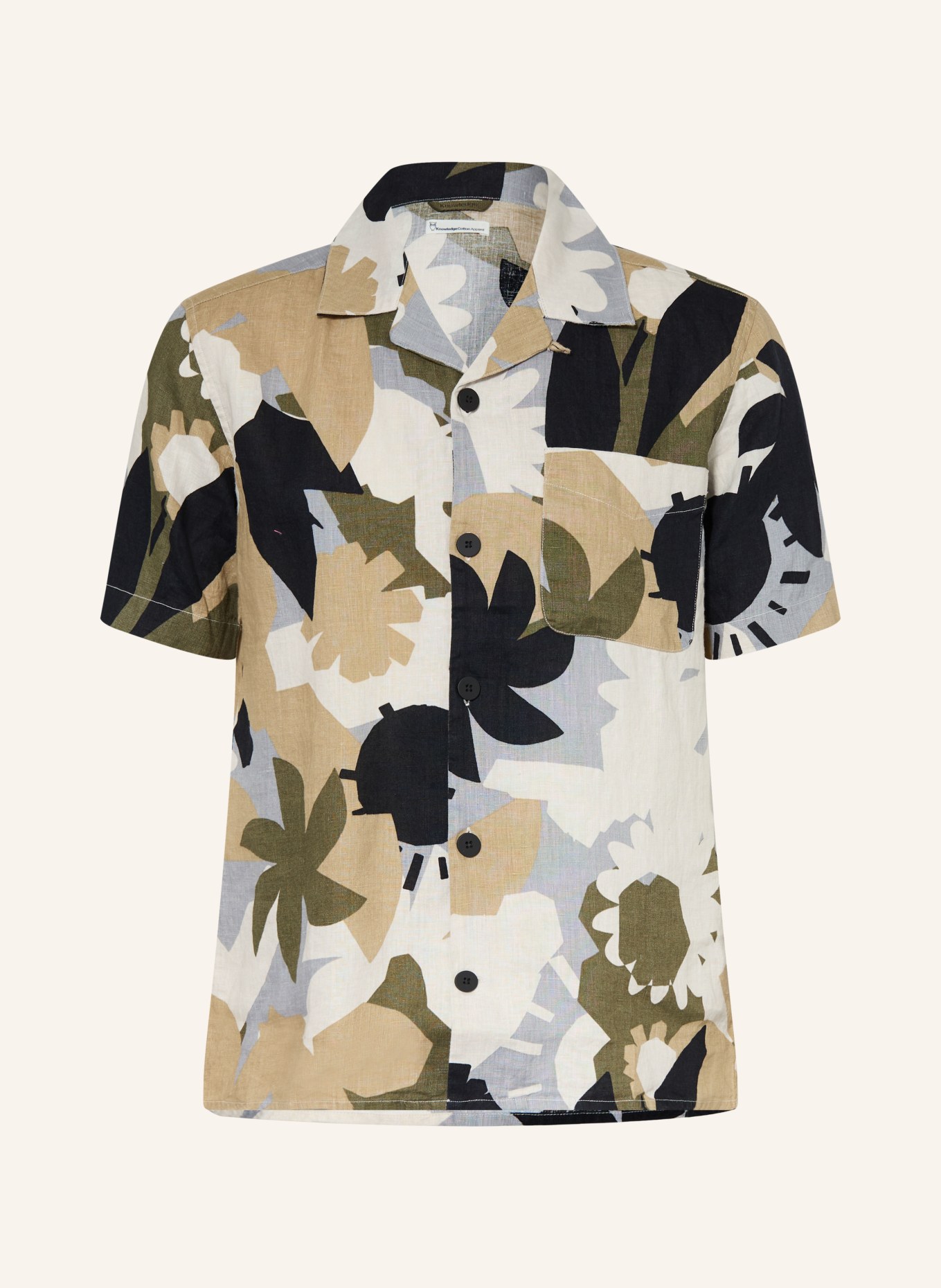 KnowledgeCotton Apparel Linnen overhemd met korte mouwen en losse pasvorm: CRÈME / BEIGE / ZWART