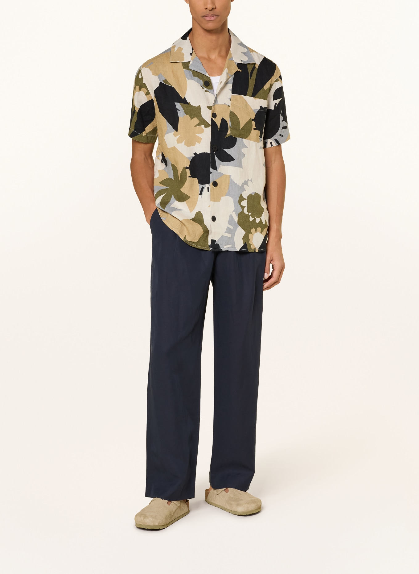 KnowledgeCotton Apparel Linnen overhemd met korte mouwen en losse pasvorm: CRÈME / BEIGE / ZWART