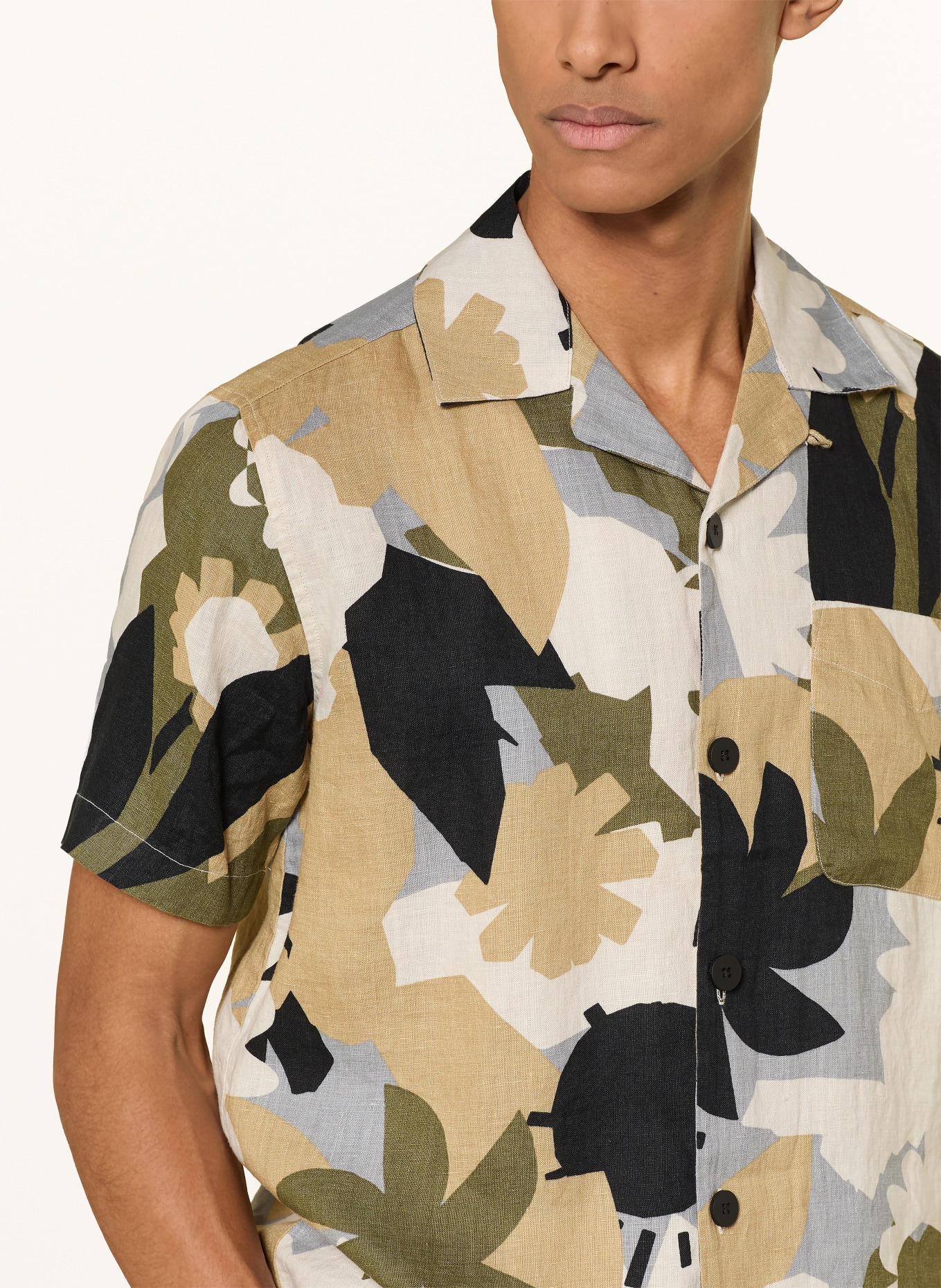 KnowledgeCotton Apparel Linnen overhemd met korte mouwen en losse pasvorm: CRÈME / BEIGE / ZWART