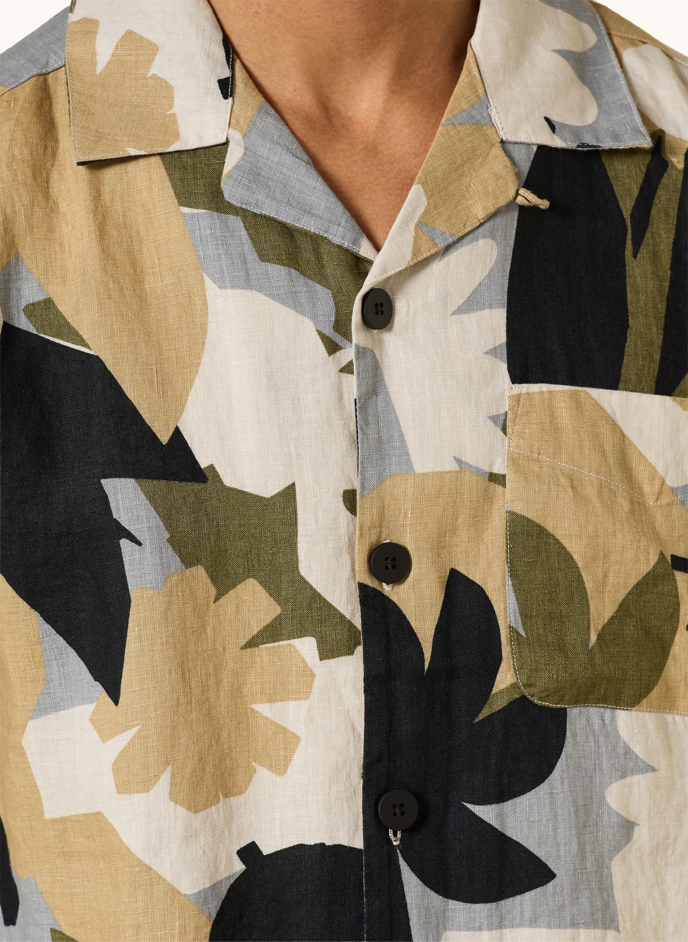 KnowledgeCotton Apparel Linnen overhemd met korte mouwen en losse pasvorm: CRÈME / BEIGE / ZWART