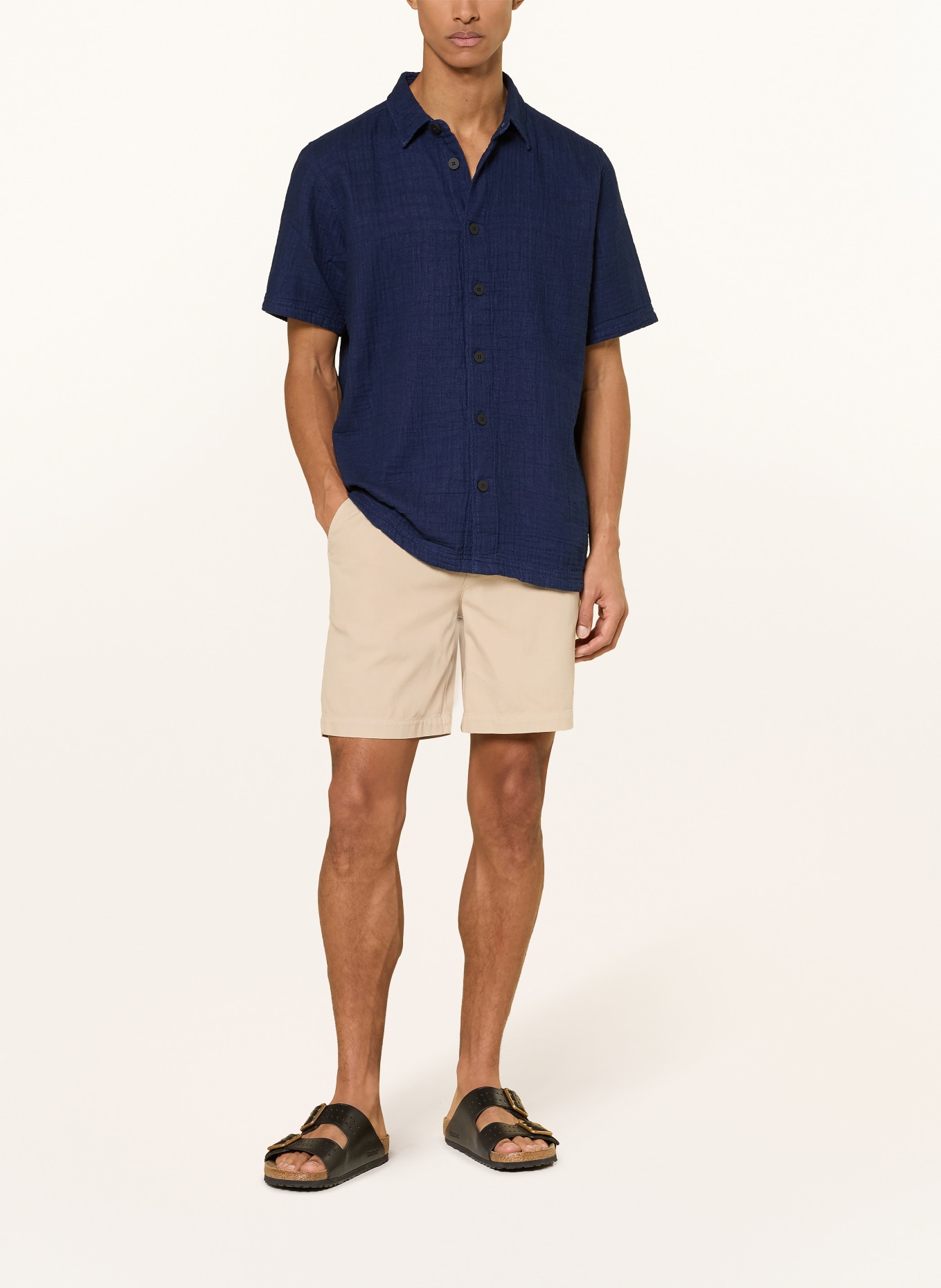 KnowledgeCotton Apparel Short-Sleeve Relaxed-Fit Muslin Shirt: DARK BLUE