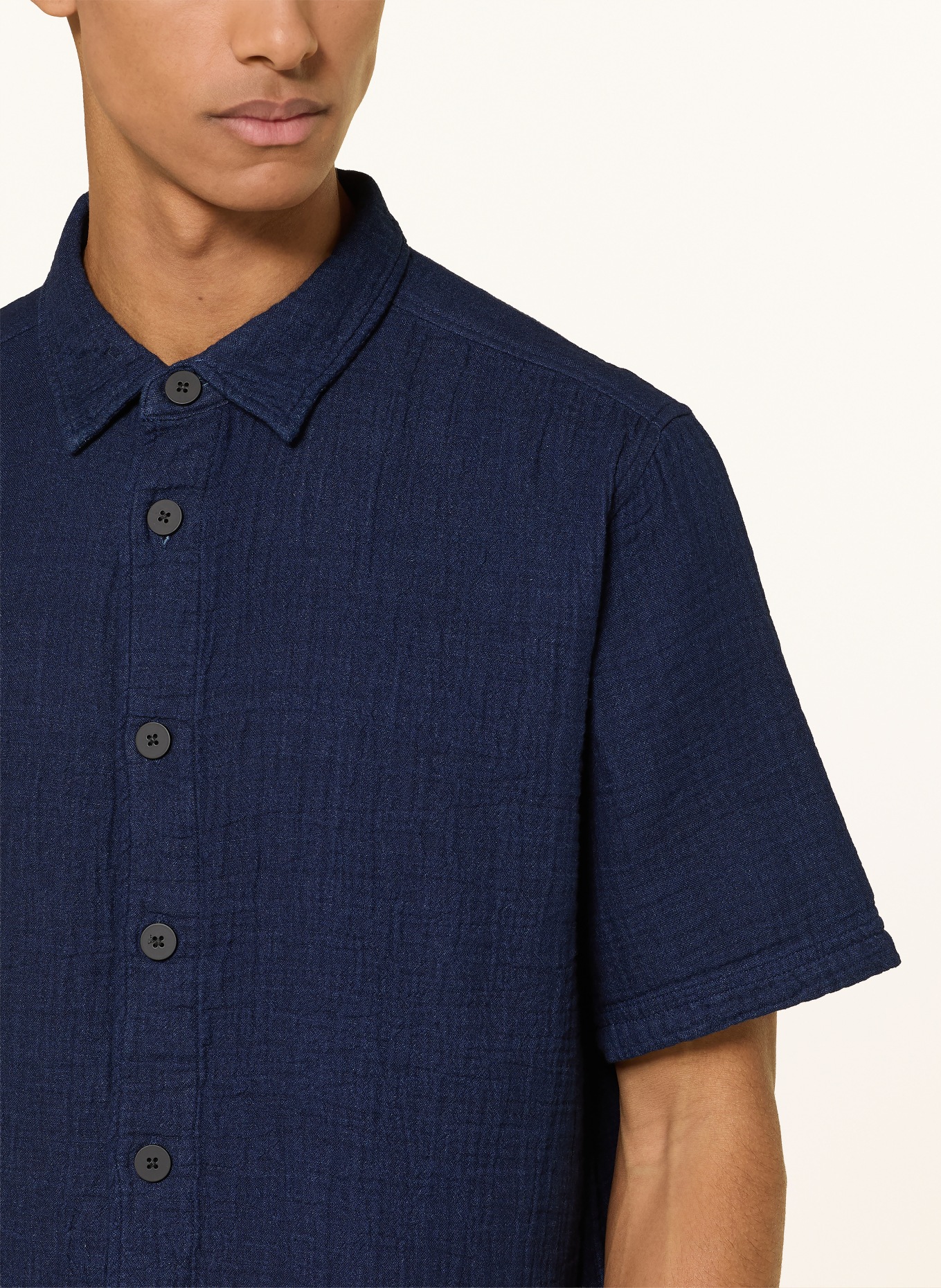 KnowledgeCotton Apparel Short-Sleeve Relaxed-Fit Muslin Shirt: DARK BLUE