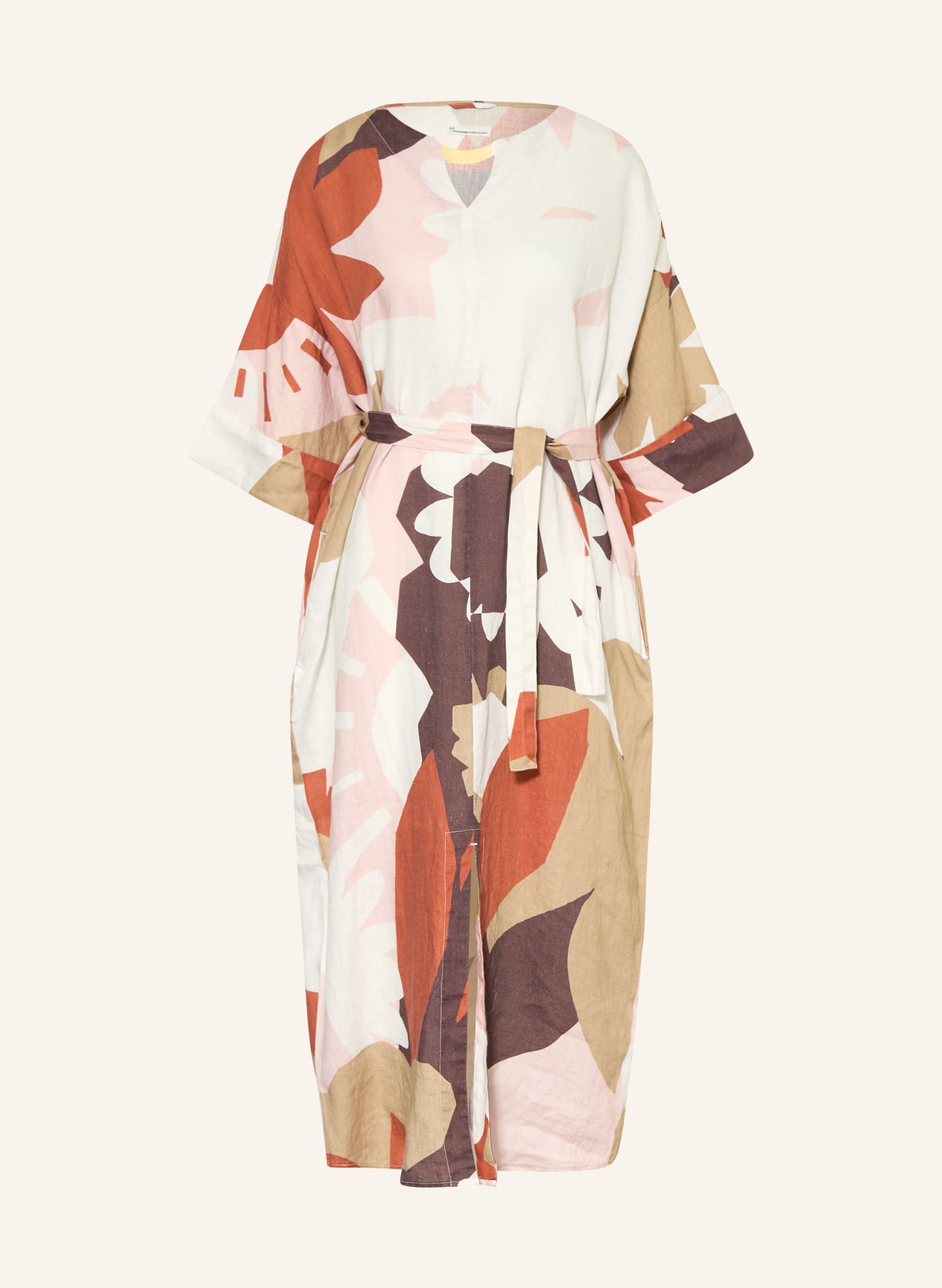 KnowledgeCotton Apparel Linnen jurk met 3/4-mouwen: CRÈME / BRUIN / ROOD