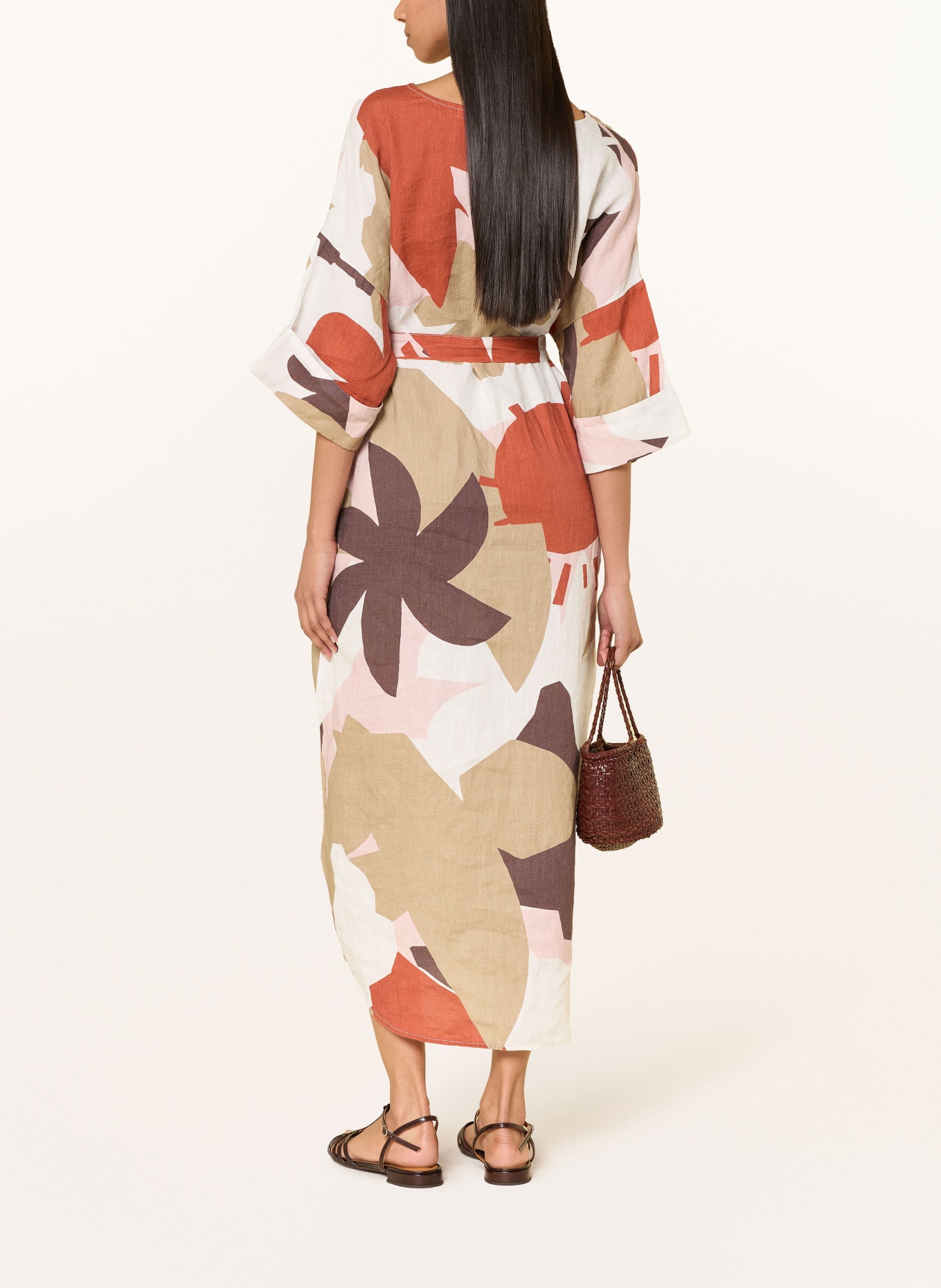 KnowledgeCotton Apparel Linnen jurk met 3/4-mouwen: CRÈME / BRUIN / ROOD