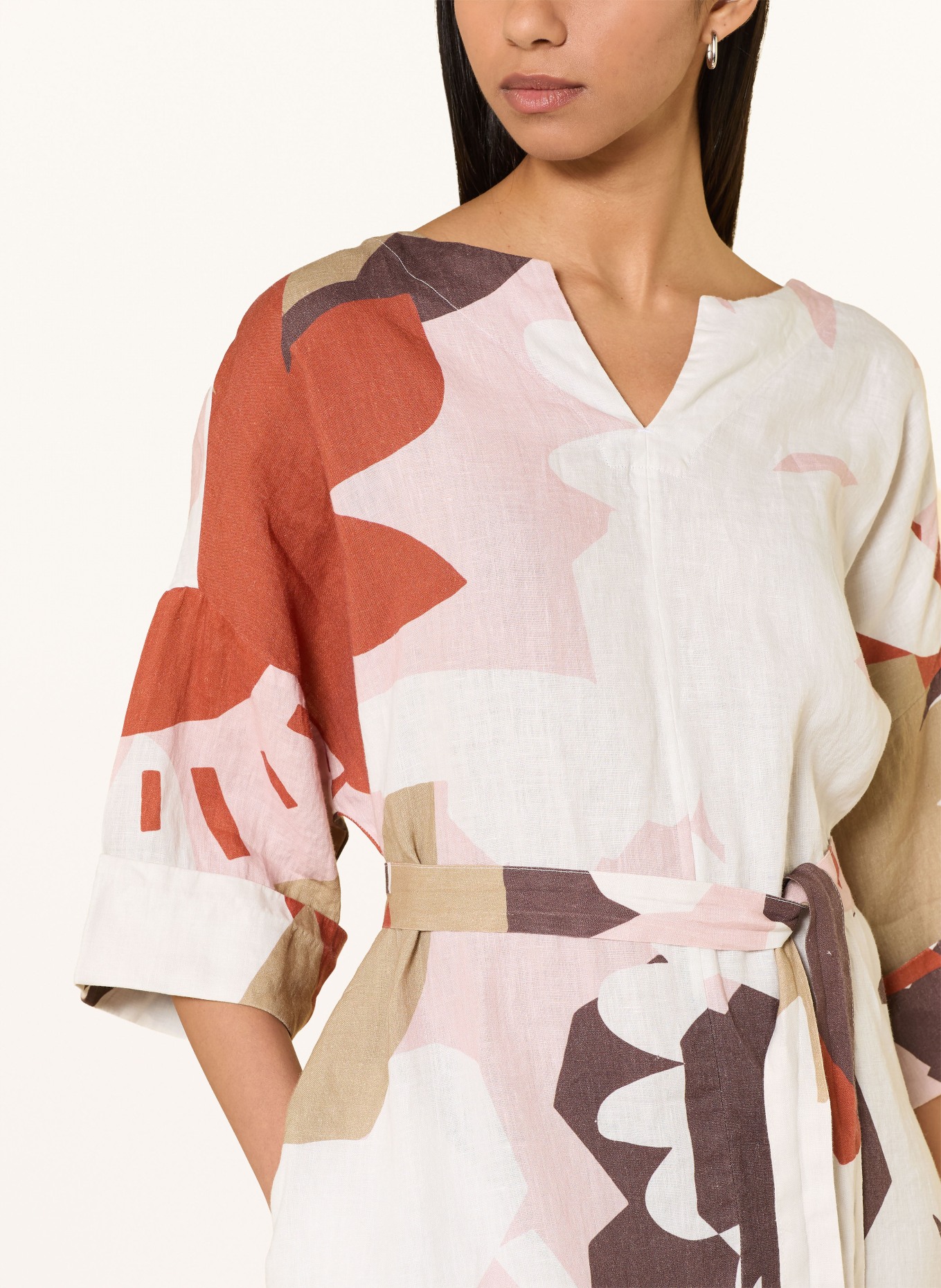 KnowledgeCotton Apparel Linnen jurk met 3/4-mouwen: CRÈME / BRUIN / ROOD