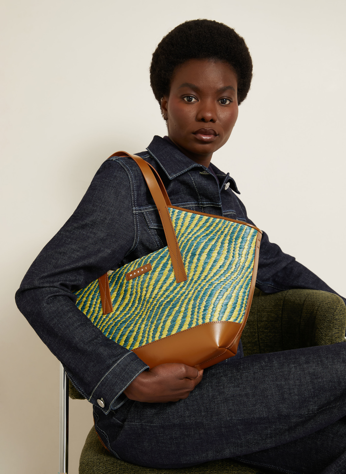 MARNI shopper: LICHTGROEN / COGNAC / BLAUW