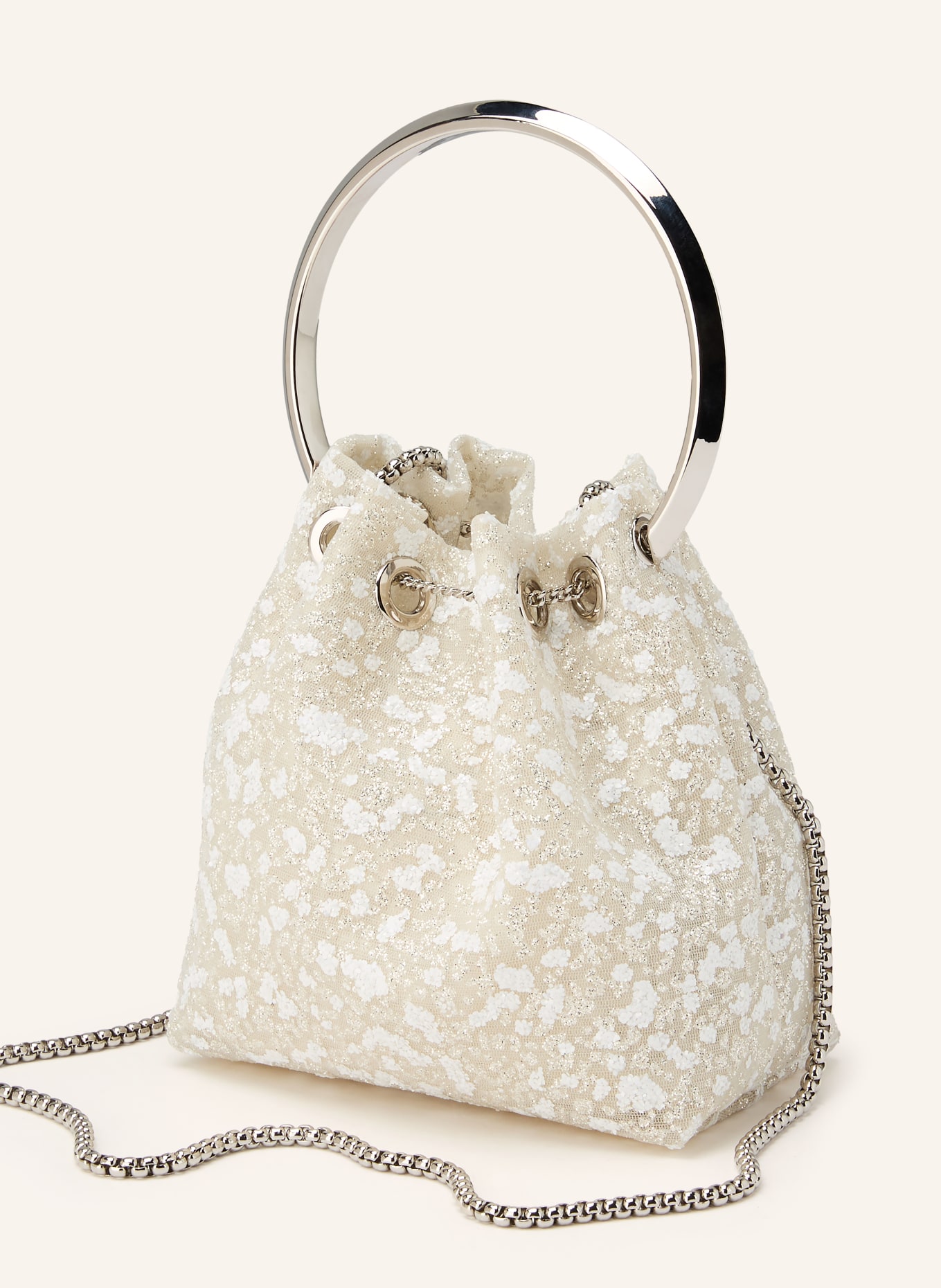 JIMMY CHOO Torba typu „beuteltasche” BON BON z brokatową przędzą i ozdobnymi koralikami: KREMOWY / SREBRNY / BIAŁY