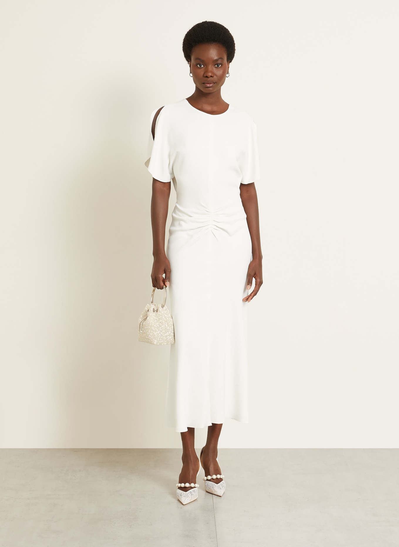 JIMMY CHOO Torba typu „beuteltasche” BON BON z brokatową przędzą i ozdobnymi koralikami: KREMOWY / SREBRNY / BIAŁY