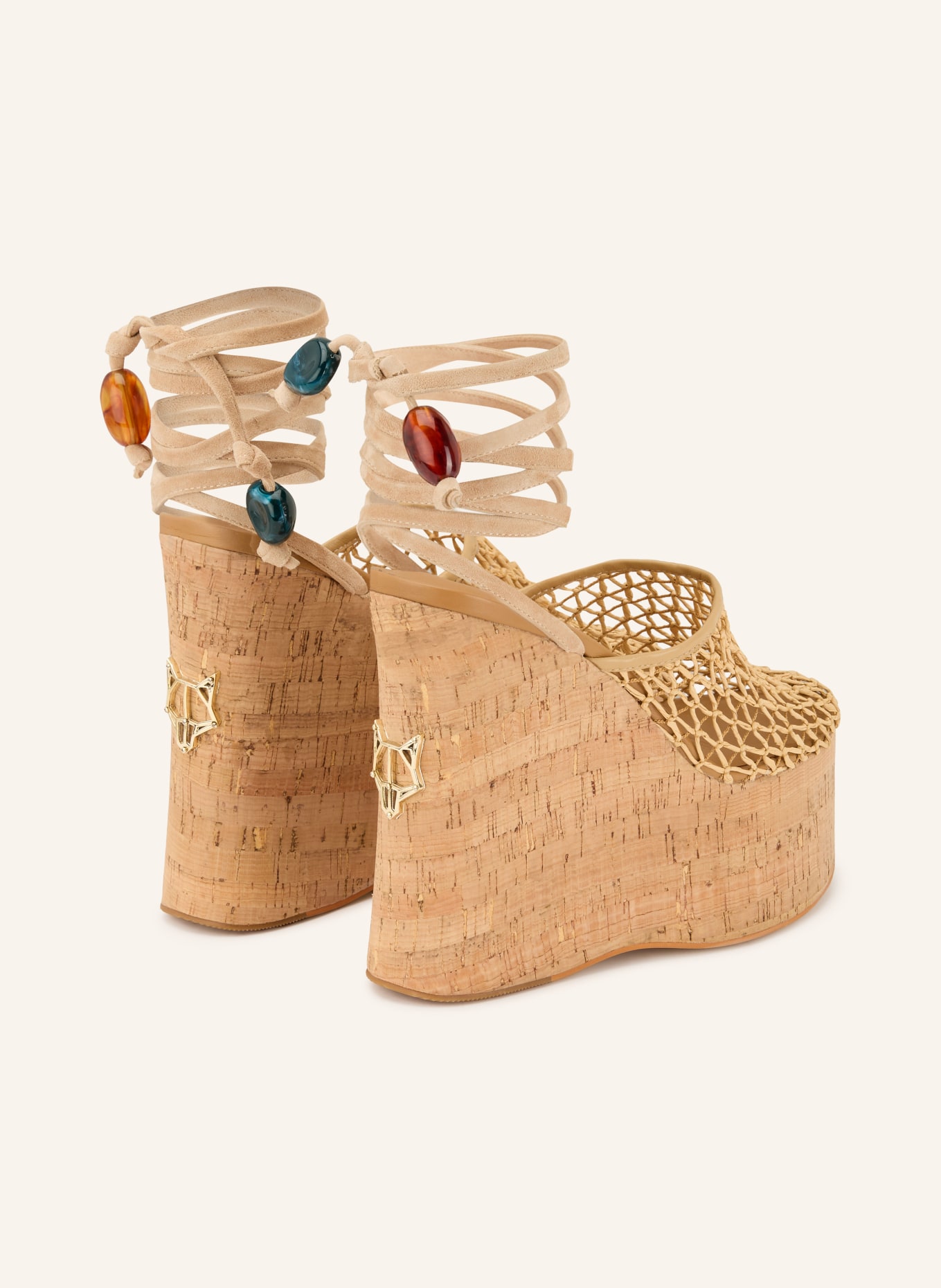 NAKED WOLFE Plateau-Wedges mit Schmuckperlen: HELLBRAUN / GOLD
