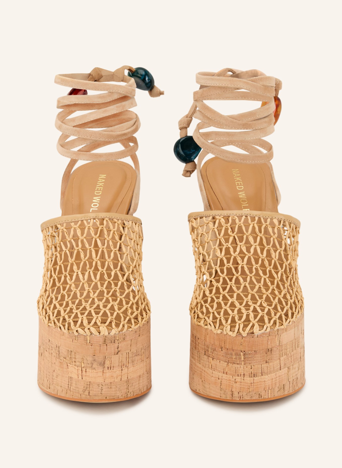 NAKED WOLFE Plateau-Wedges mit Schmuckperlen: HELLBRAUN / GOLD