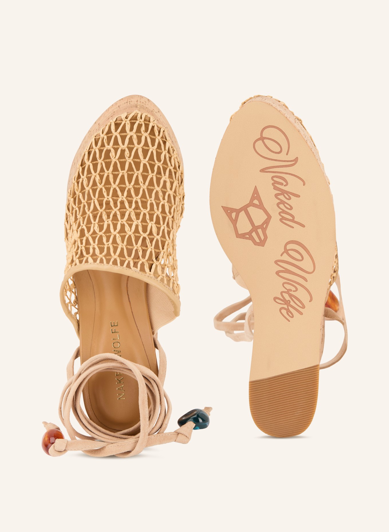 NAKED WOLFE Plateau-Wedges mit Schmuckperlen: HELLBRAUN / GOLD