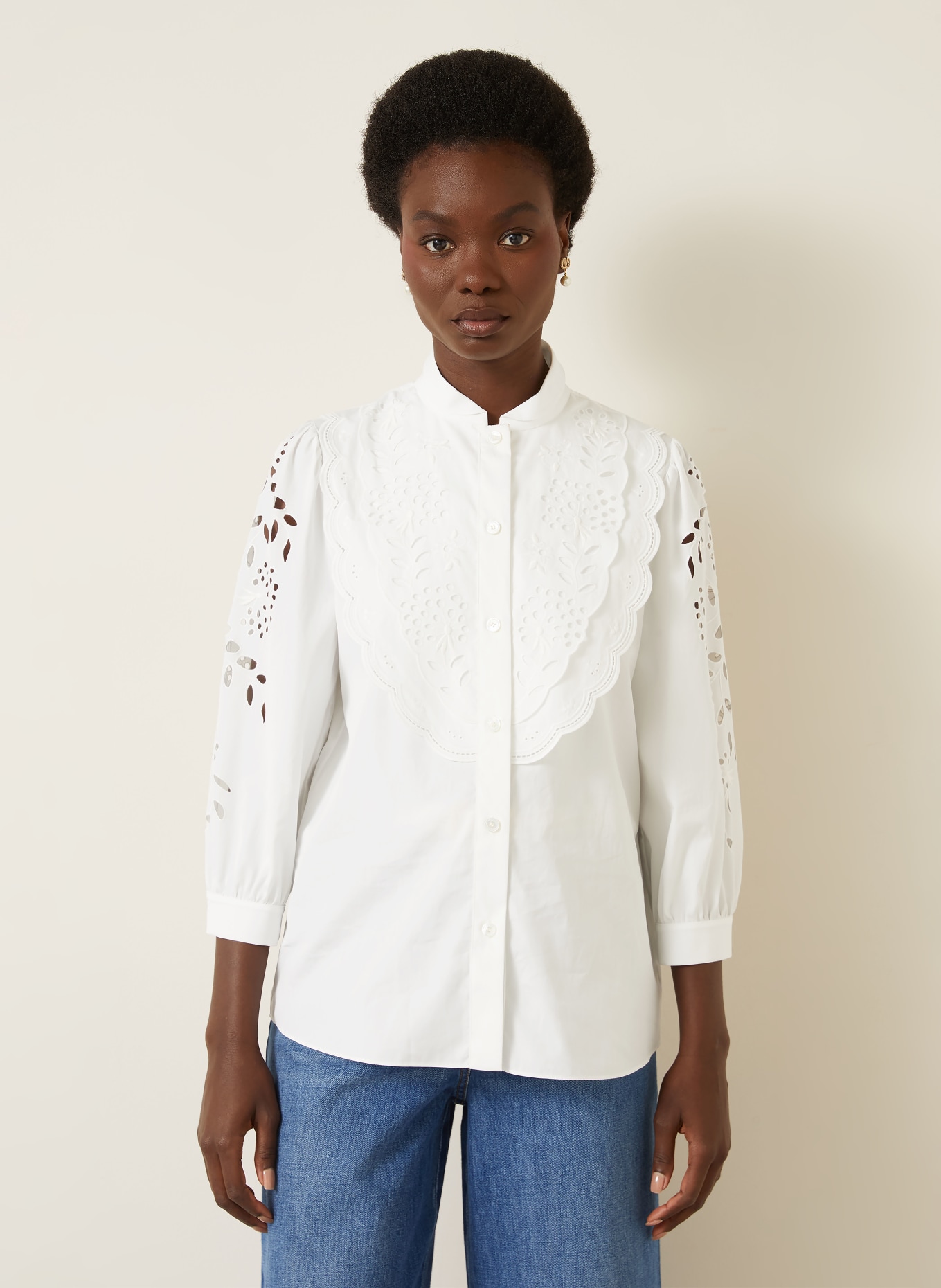 VALENTINO Bluse mit Lochspitze und 3/4-Arm: WEISS