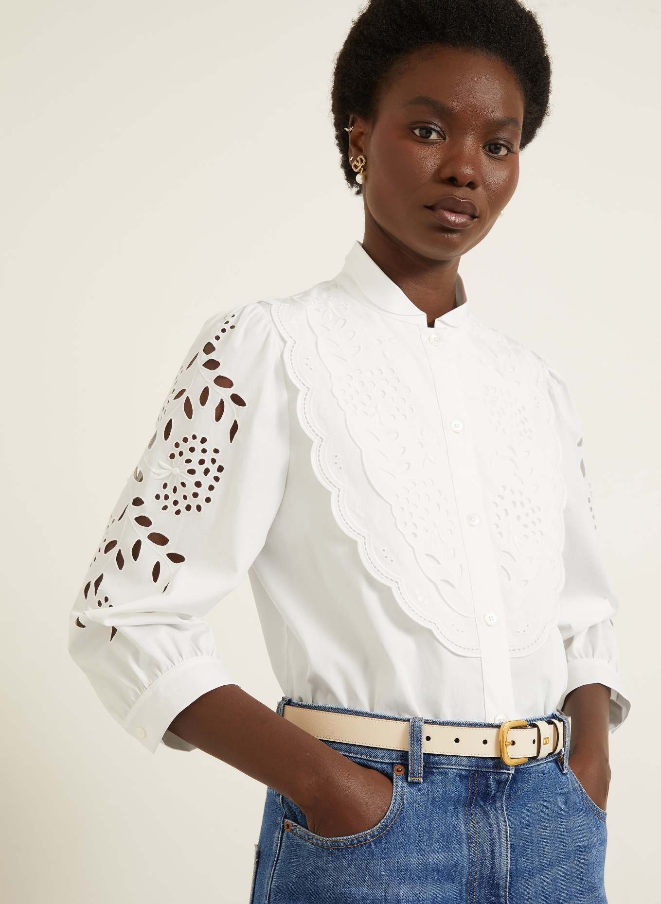 VALENTINO Bluse mit Lochspitze und 3/4-Arm: WEISS