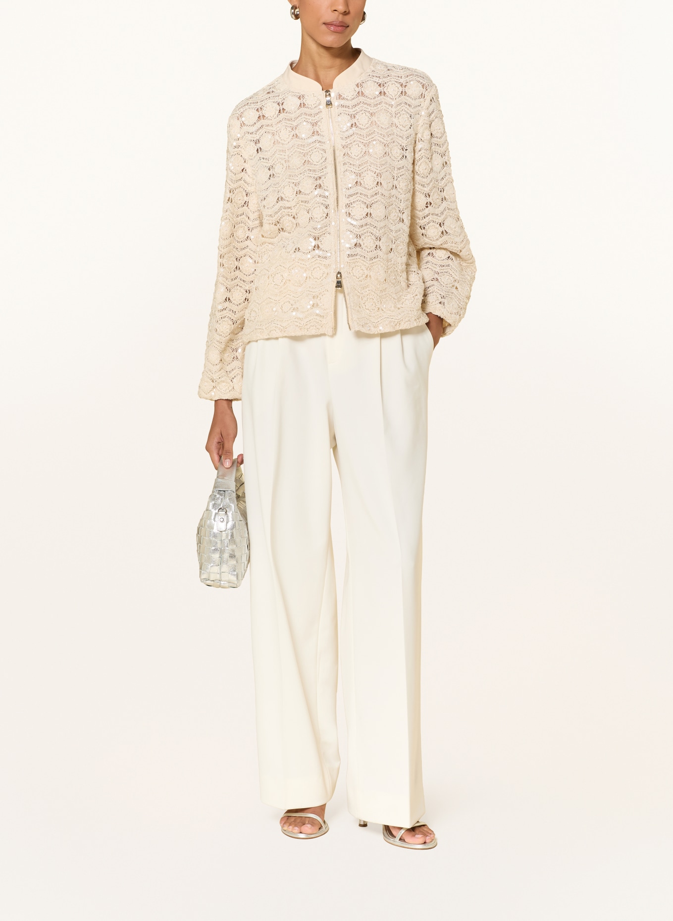 ELENA MIRO Kurtka szydełkowa z cekinami i kamieniami ozdobnymi: BEŻOWY