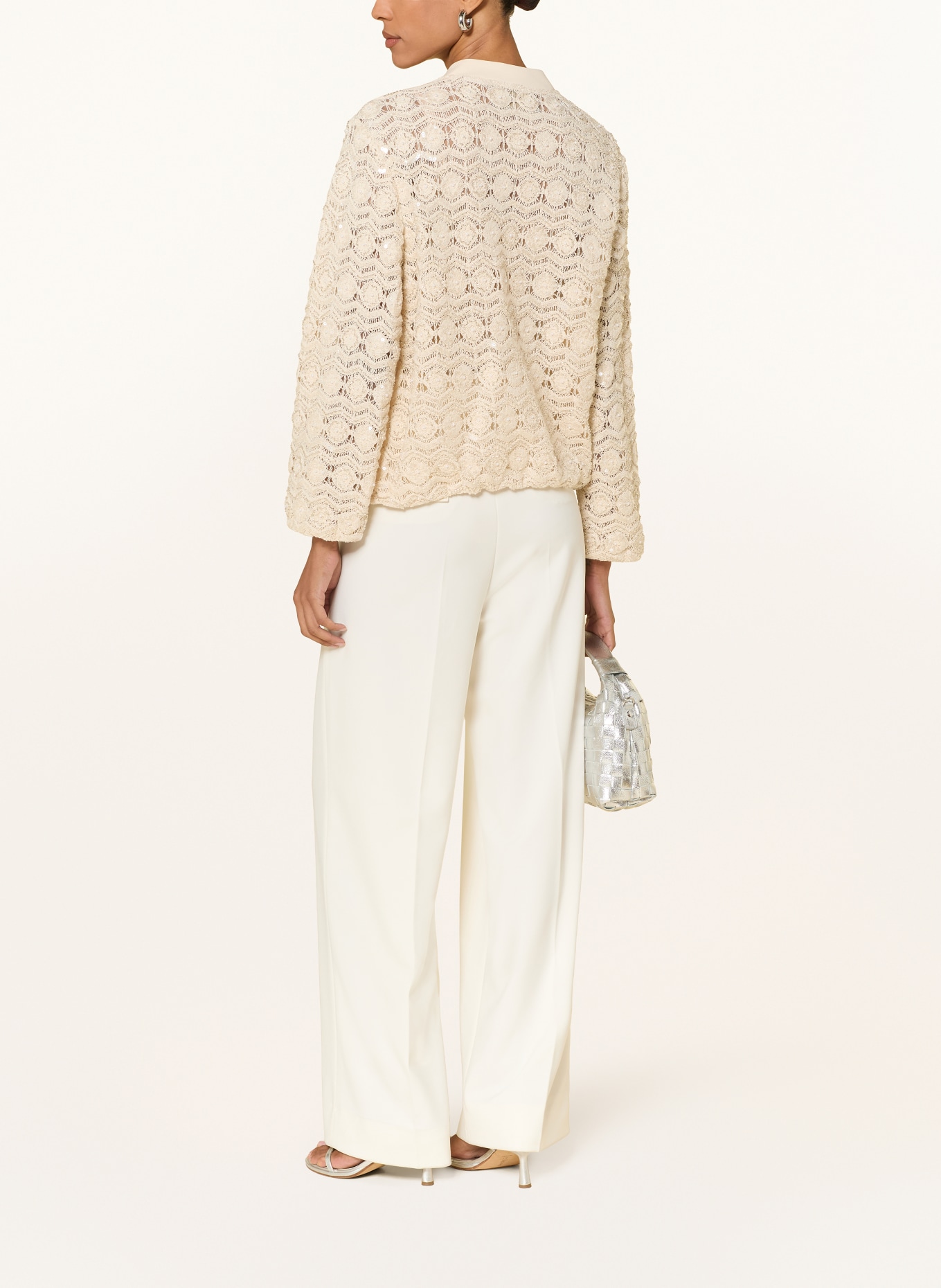 ELENA MIRO Kurtka szydełkowa z cekinami i kamieniami ozdobnymi: BEŻOWY