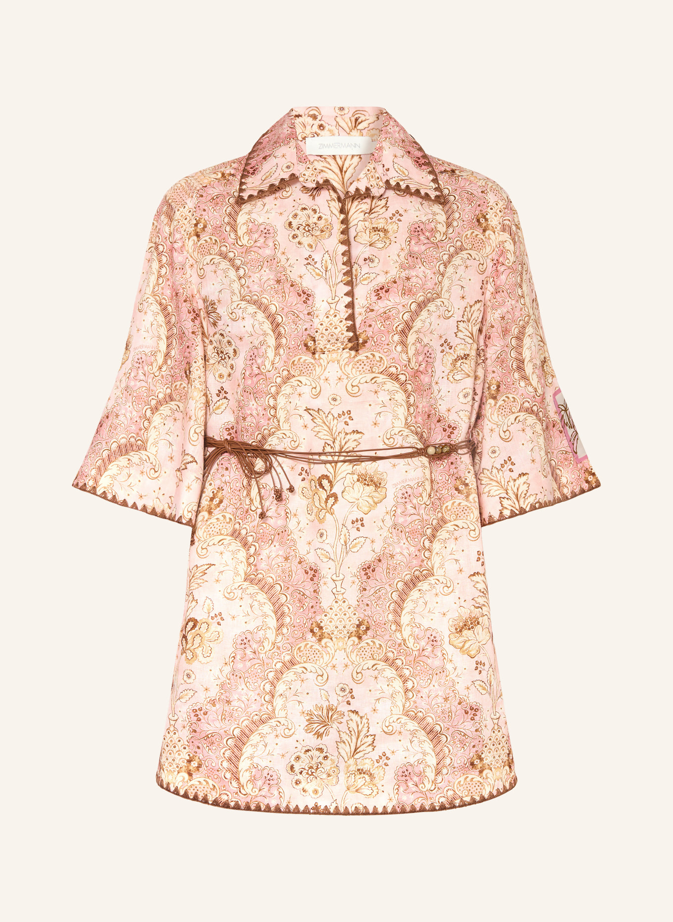 ZIMMERMANN Robe de plage DAYLIGHT en lin à manches 3/4: ROSÉ / MARRON CLAIR / MARRON