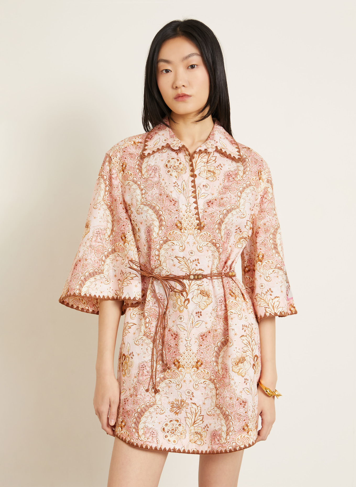 ZIMMERMANN Robe de plage DAYLIGHT en lin à manches 3/4: ROSÉ / MARRON CLAIR / MARRON