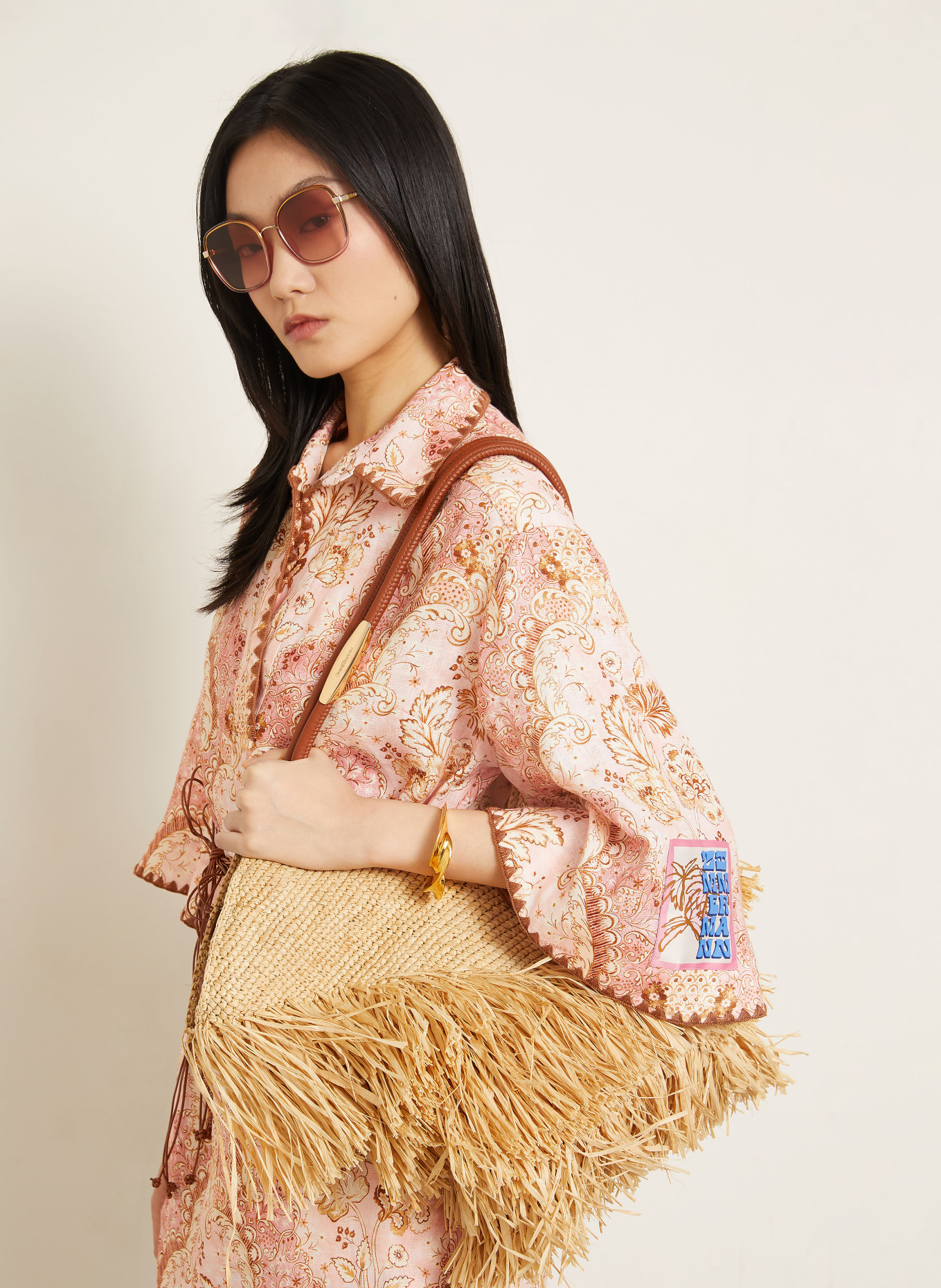 ZIMMERMANN Robe de plage DAYLIGHT en lin à manches 3/4: ROSÉ / MARRON CLAIR / MARRON