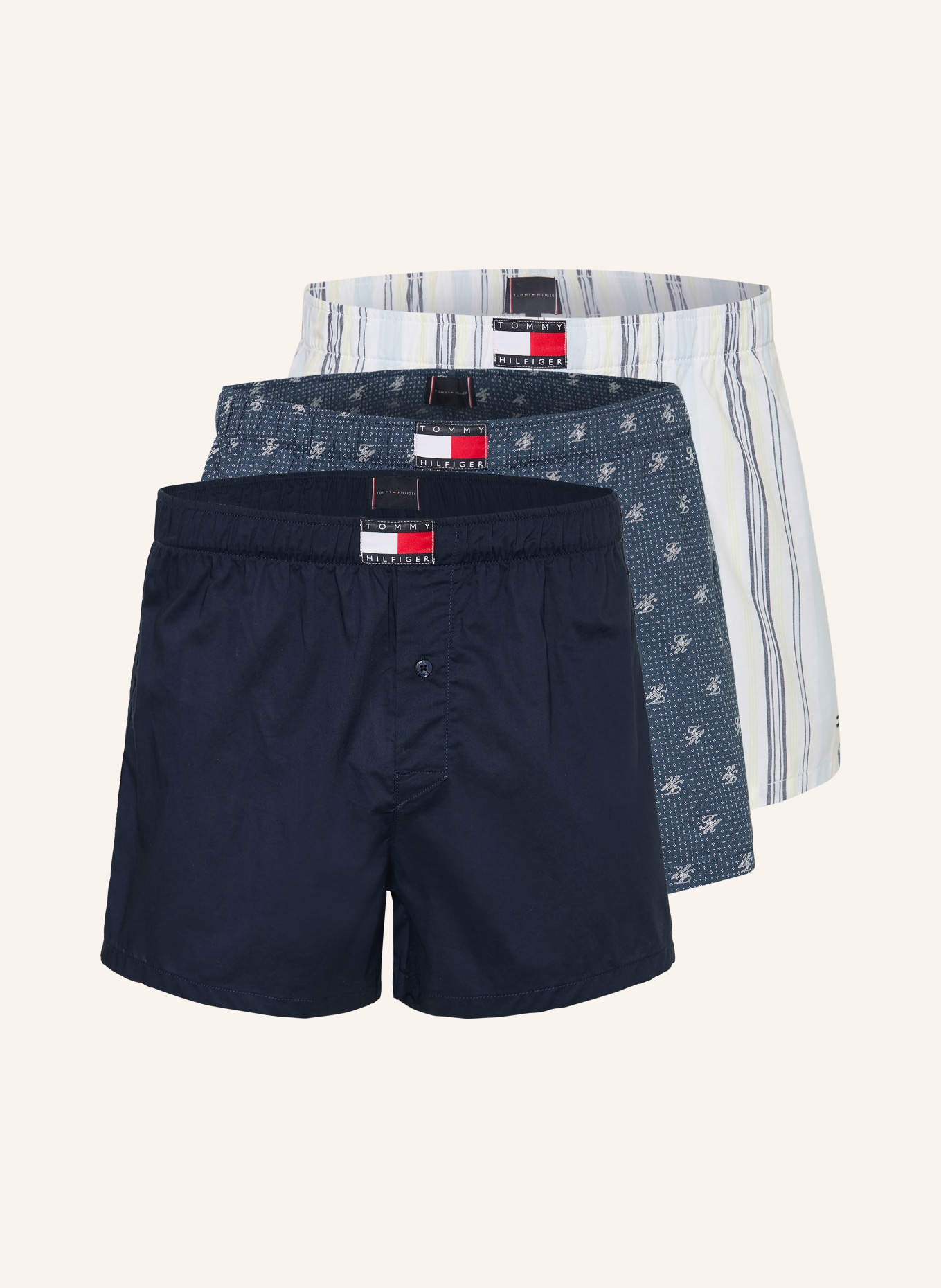 TOMMY HILFIGER 3er-Pack Web-Boxershorts: DUNKELBLAU / HELLGELB / WEISS