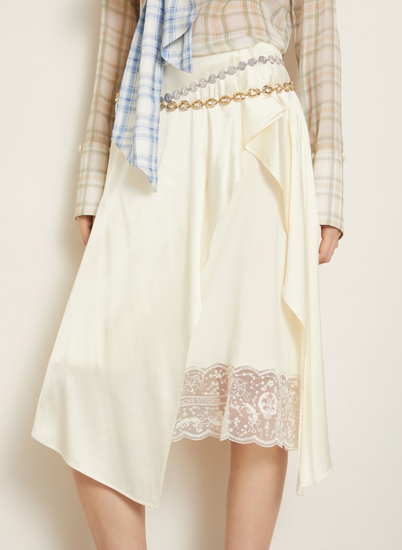 Acne Studios Satinrock mit Spitze: CREME