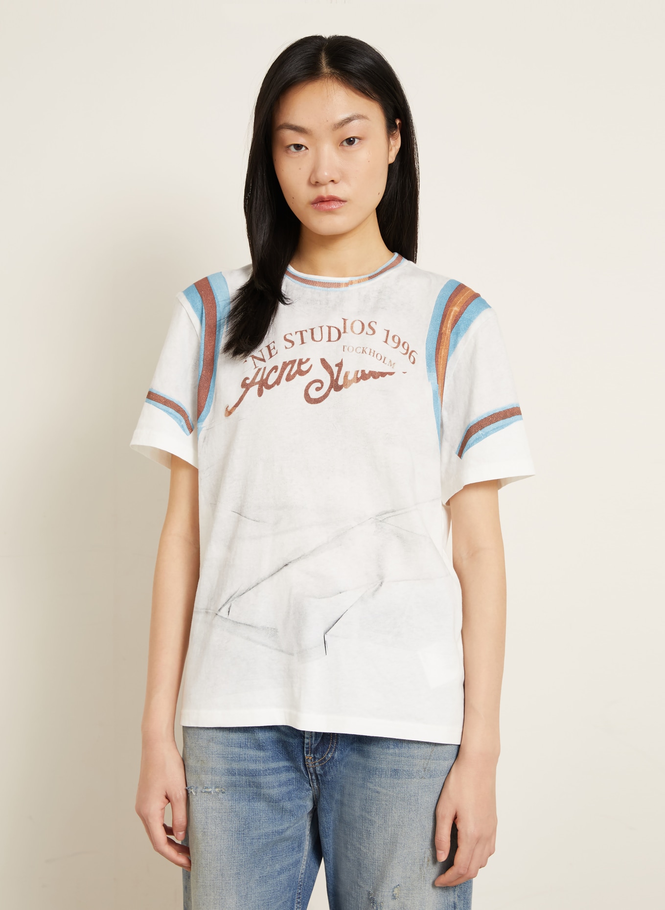 Acne Studios T-Shirt: WEISS / BRAUN / NEONBLAU