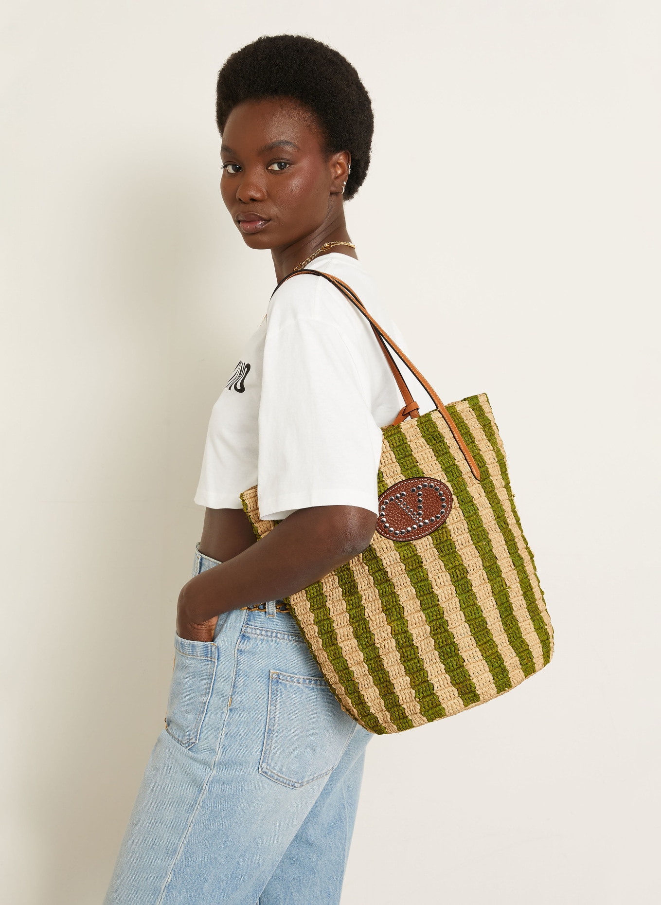 VALENTINO GARAVANI Shopper VLOGO SIGNATURE met etui: GROEN / COGNAC / BEIGE