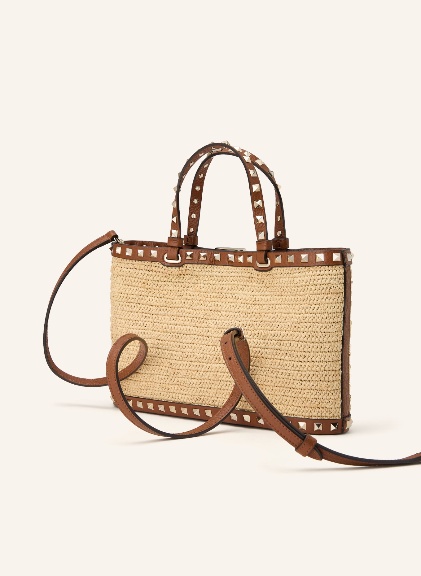 VALENTINO GARAVANI ROCKSTUD SMALL Shoulder Bag with Studs: BEIGE / GOLD / BROWN