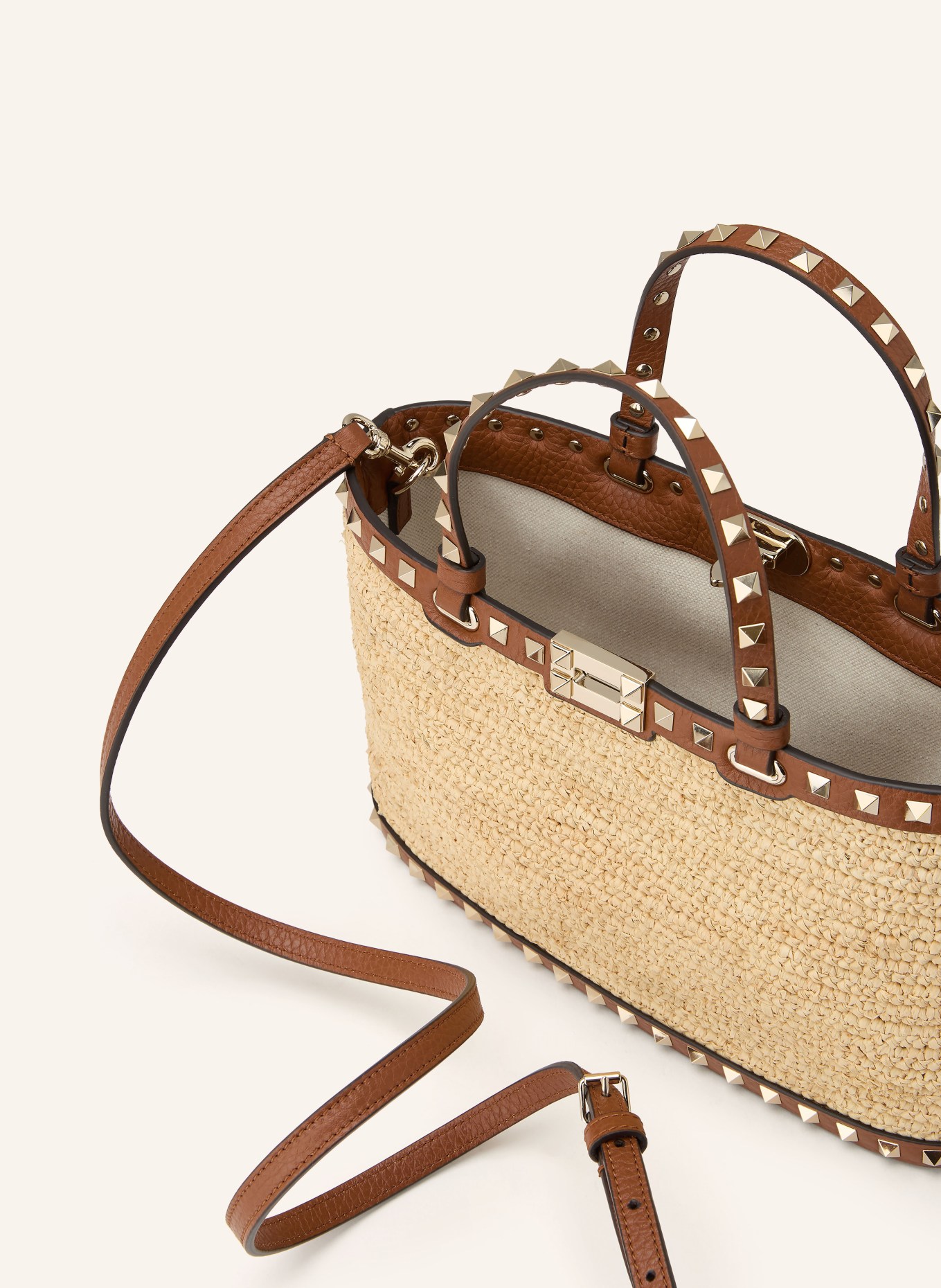 VALENTINO GARAVANI ROCKSTUD SMALL Shoulder Bag with Studs: BEIGE / GOLD / BROWN