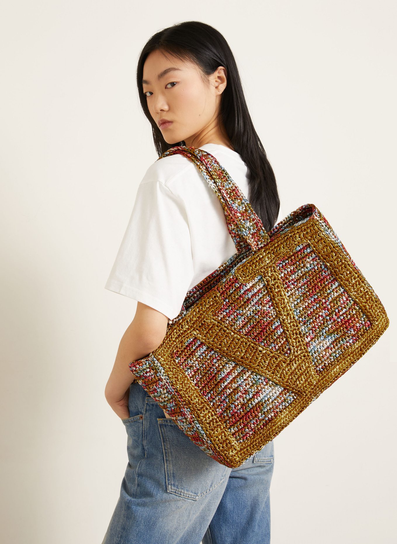 VALENTINO GARAVANI Shopper VIVA SUPERSTAR CROCHET: COGNAC / ROOD / LICHTBLAUW