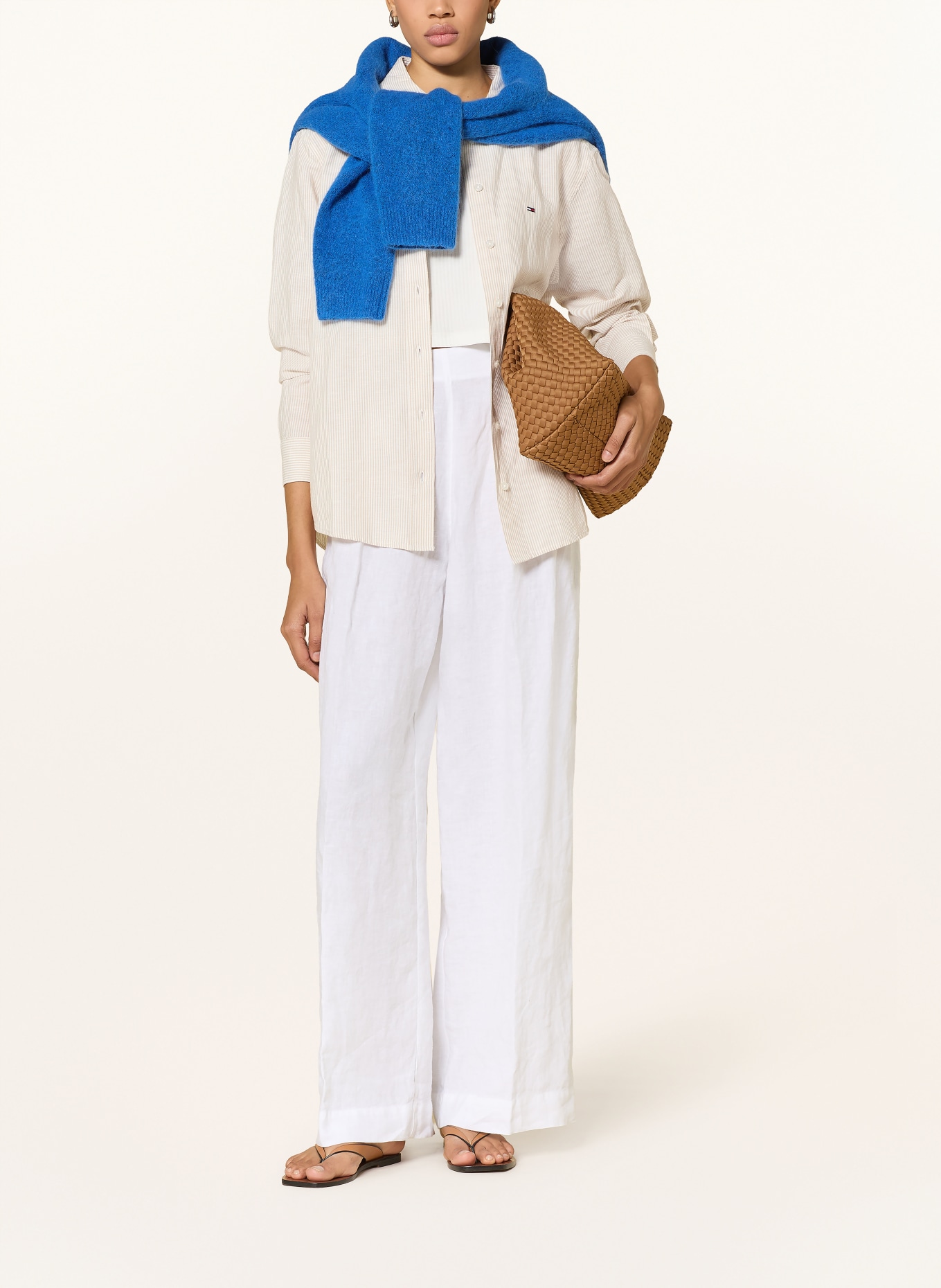 TOMMY JEANS Overhemdblouse met linnen: BEIGE / WIT