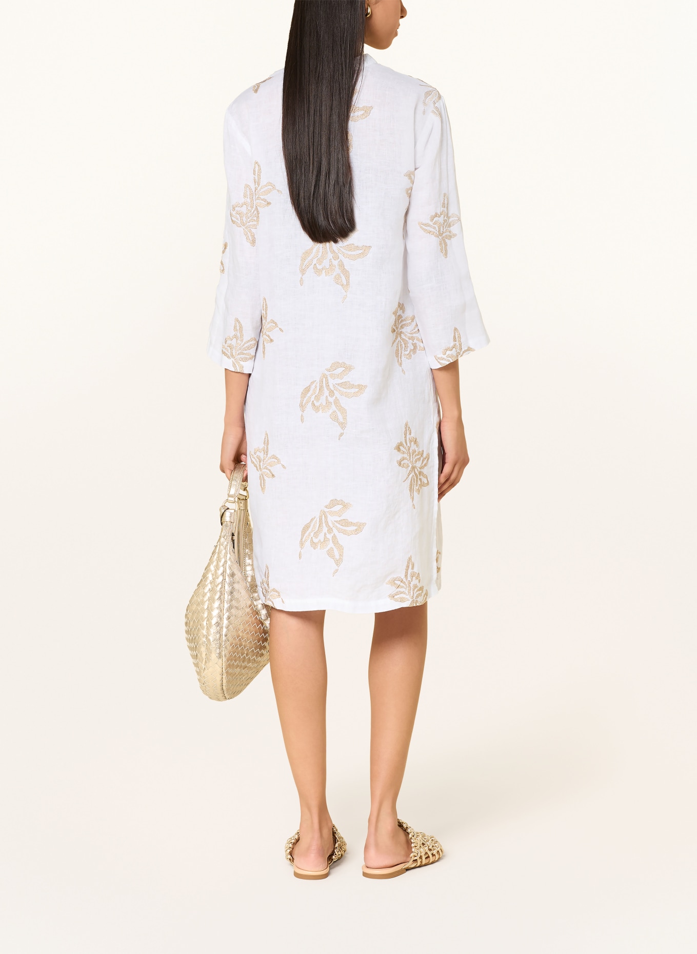 120%lino Strandkleid aus Leinen mit 3/4-Arm: WEISS / GOLD