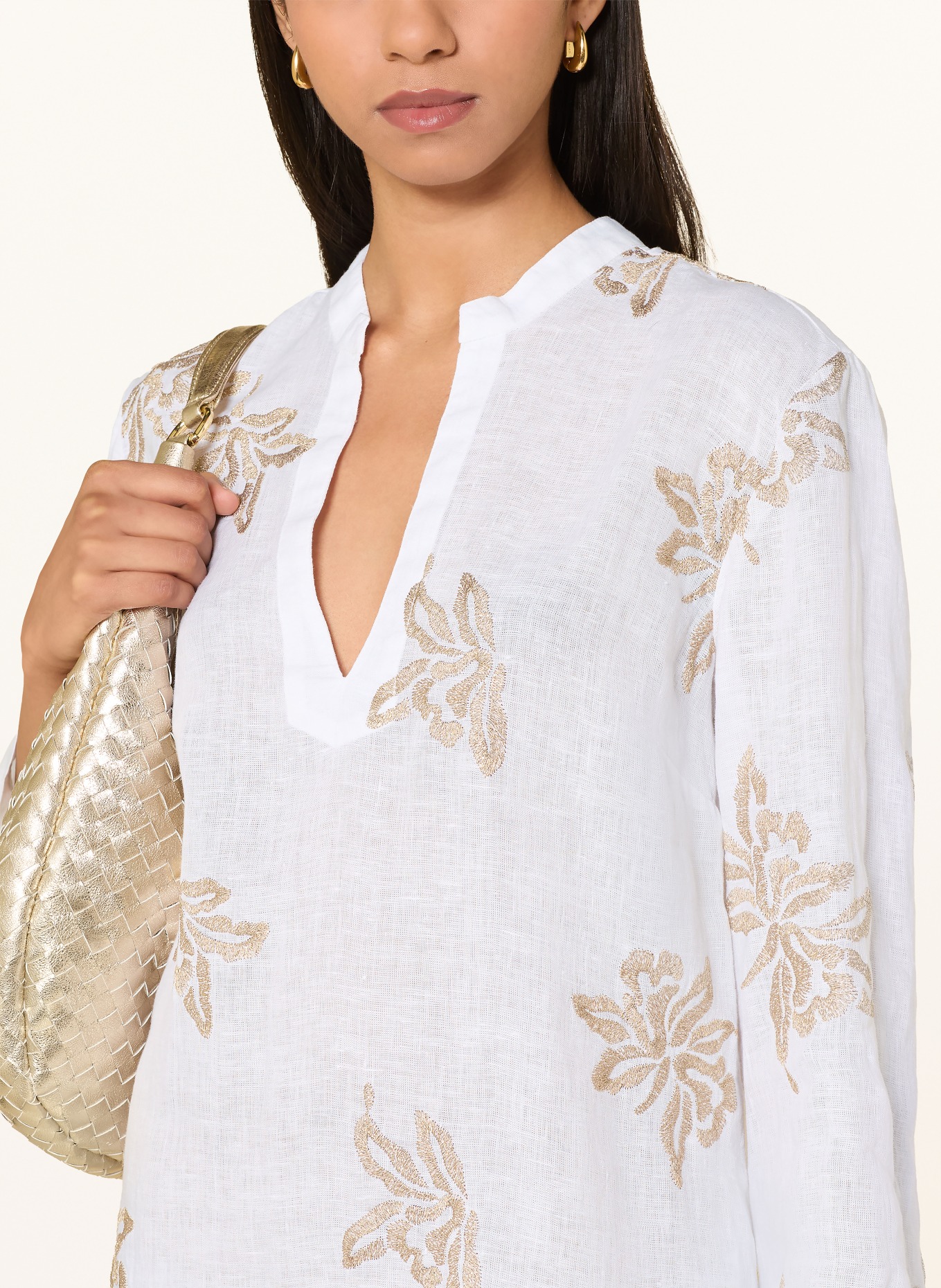 120%lino Strandkleid aus Leinen mit 3/4-Arm: WEISS / GOLD