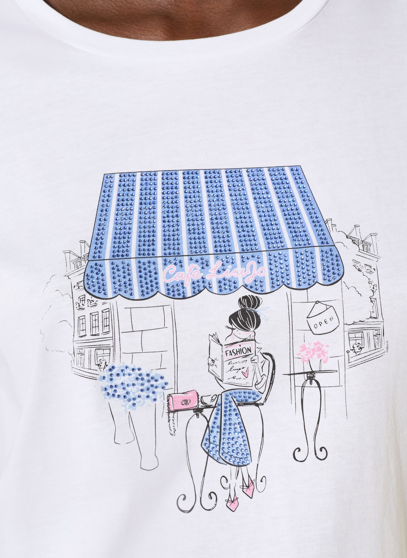 LIU JO T-Shirt mit Schmucksteinen: WEISS / BLAU