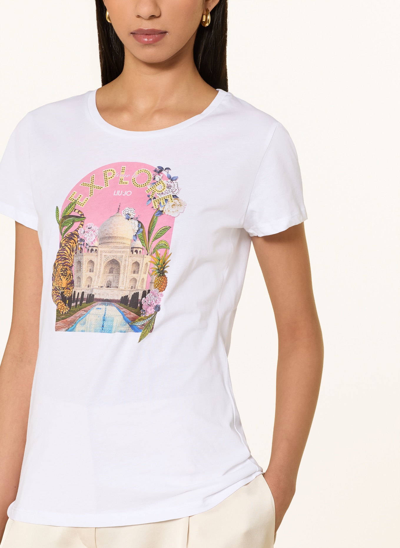LIU JO T-shirt met strass-steentjes: WIT / ROZE / BEIGE
