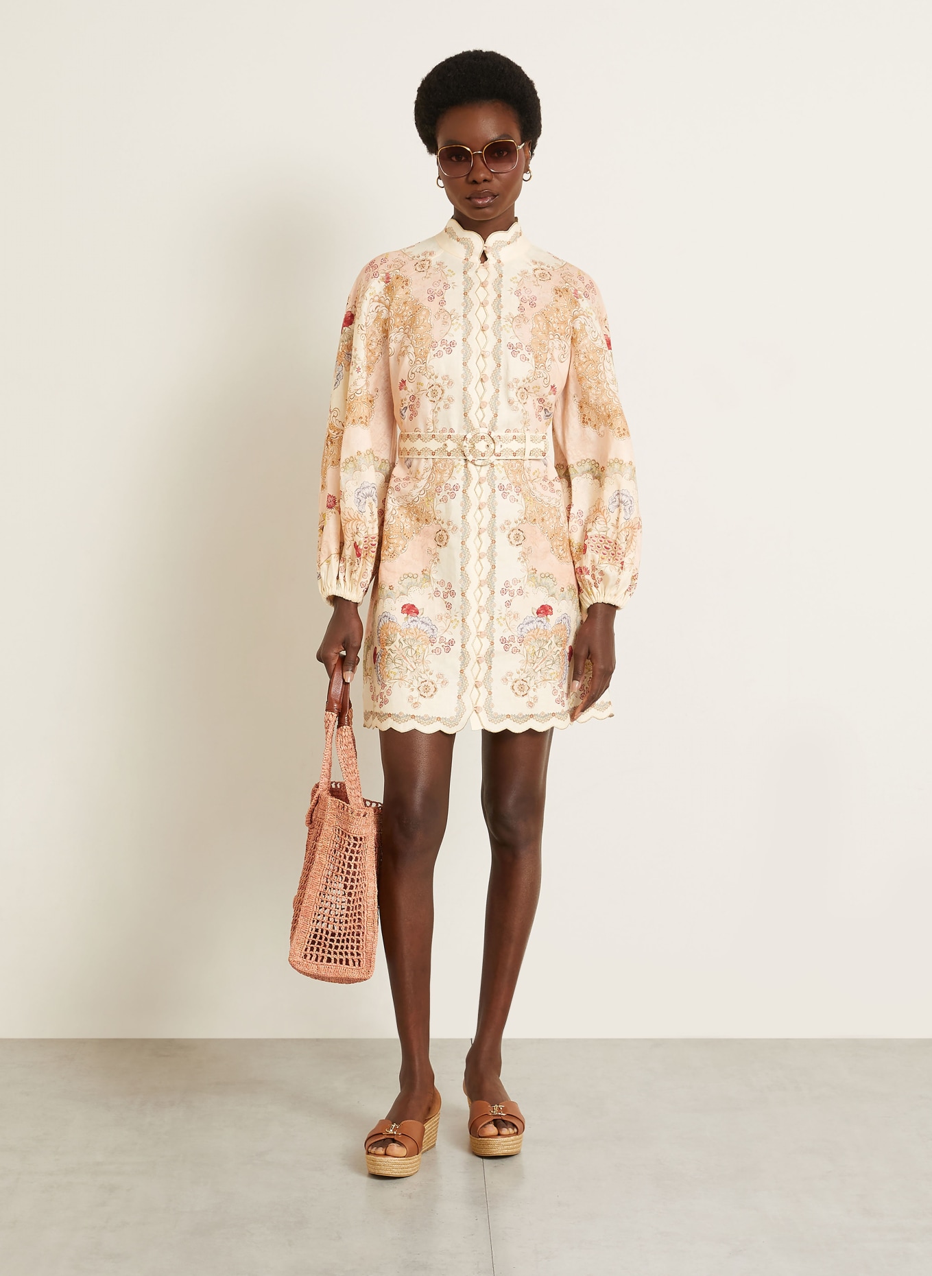 ZIMMERMANN DAYLIGHT linen dress with glitter thread: CREAM / LIGHT PURPLE / RED