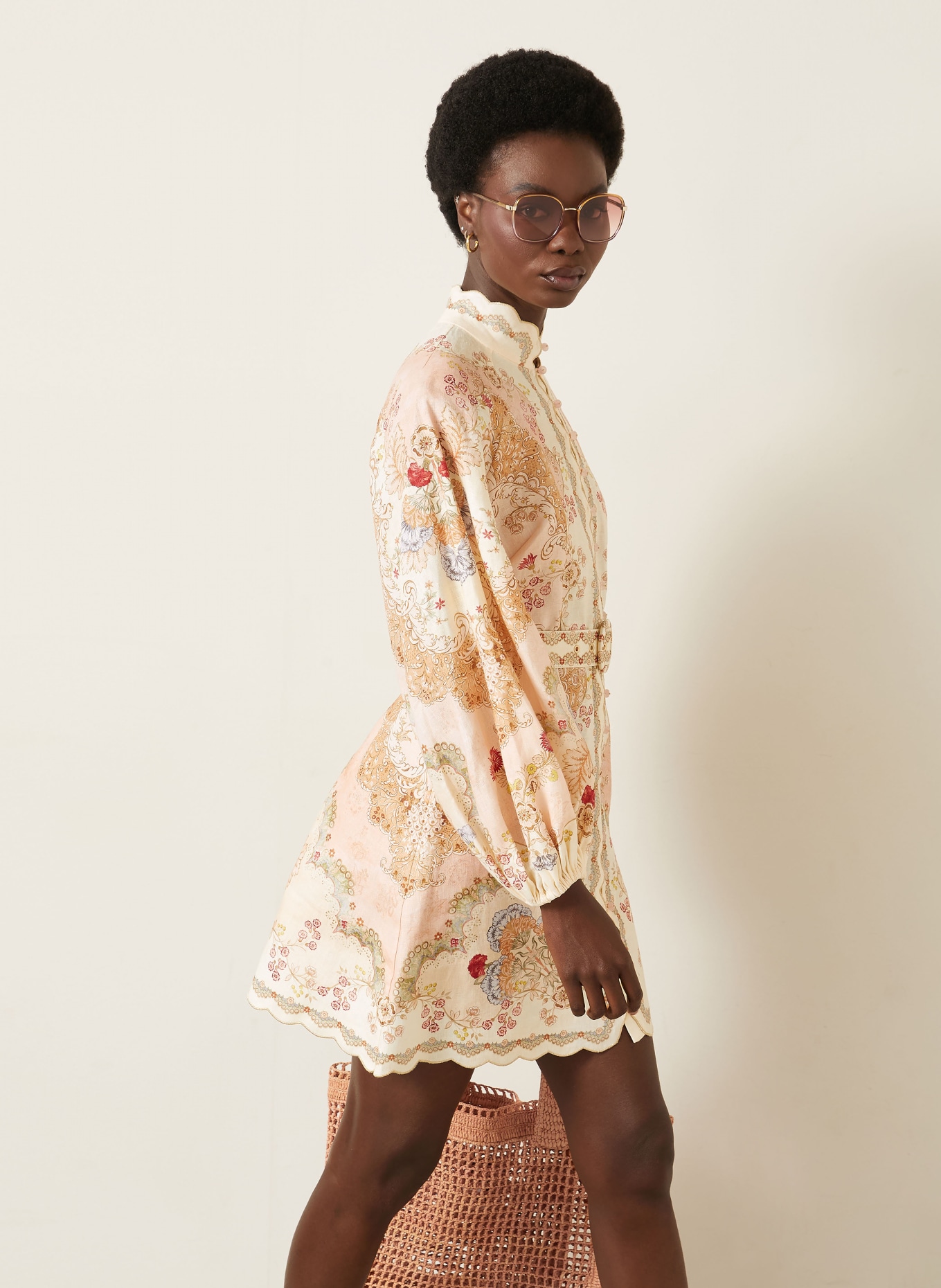 ZIMMERMANN DAYLIGHT linen dress with glitter thread: CREAM / LIGHT PURPLE / RED